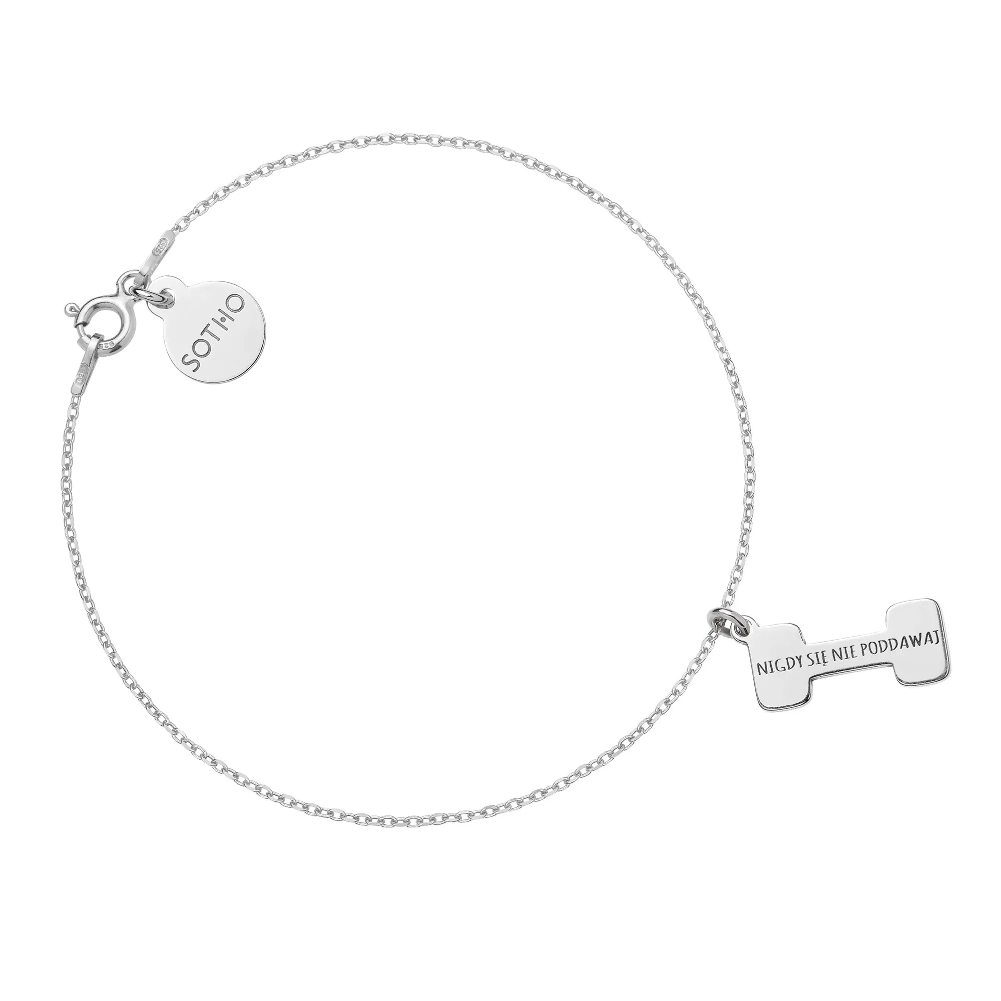 Srebrna bransoletka ciężarek NIGDY SIĘ NIE PODDAWAJ