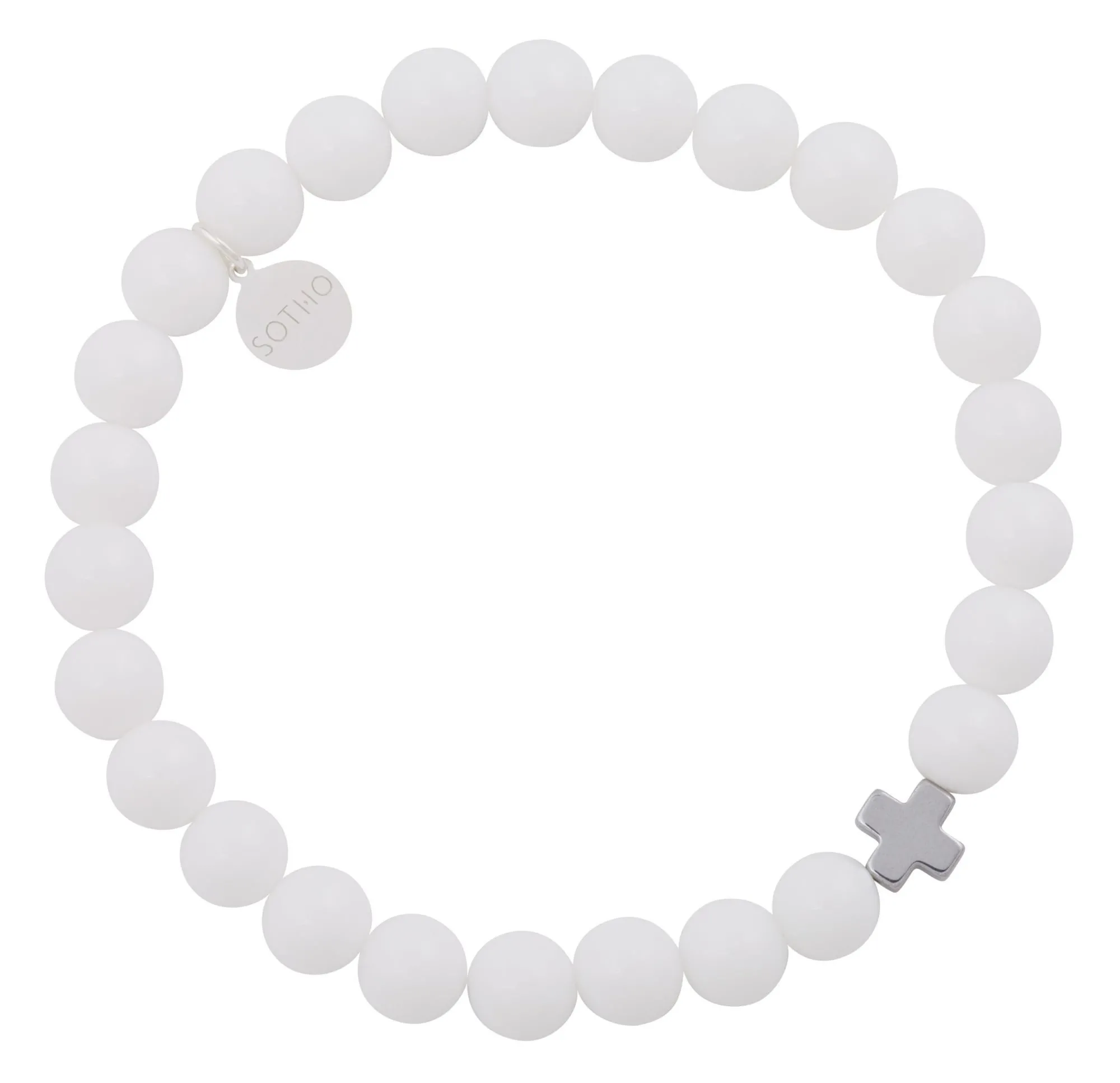 Biała męska bransoletka agat z krzyżem z hematytu