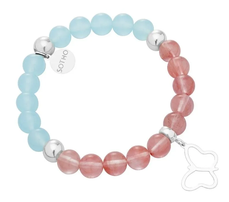 Bransoletka niebieska różowa kwarc niebiański wiśniowy motyl srebro 925