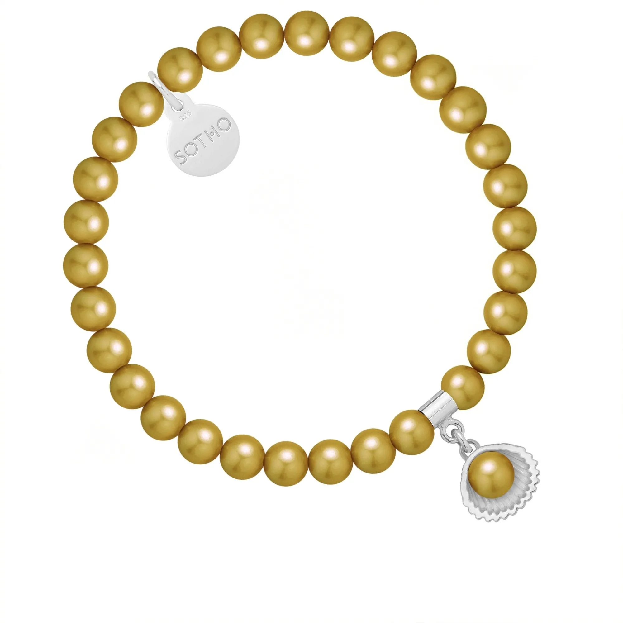 Bransoletka z pereł SWAROVSKI® CRYSTAL w kolorze Antique Brass ze srebrną muszelką