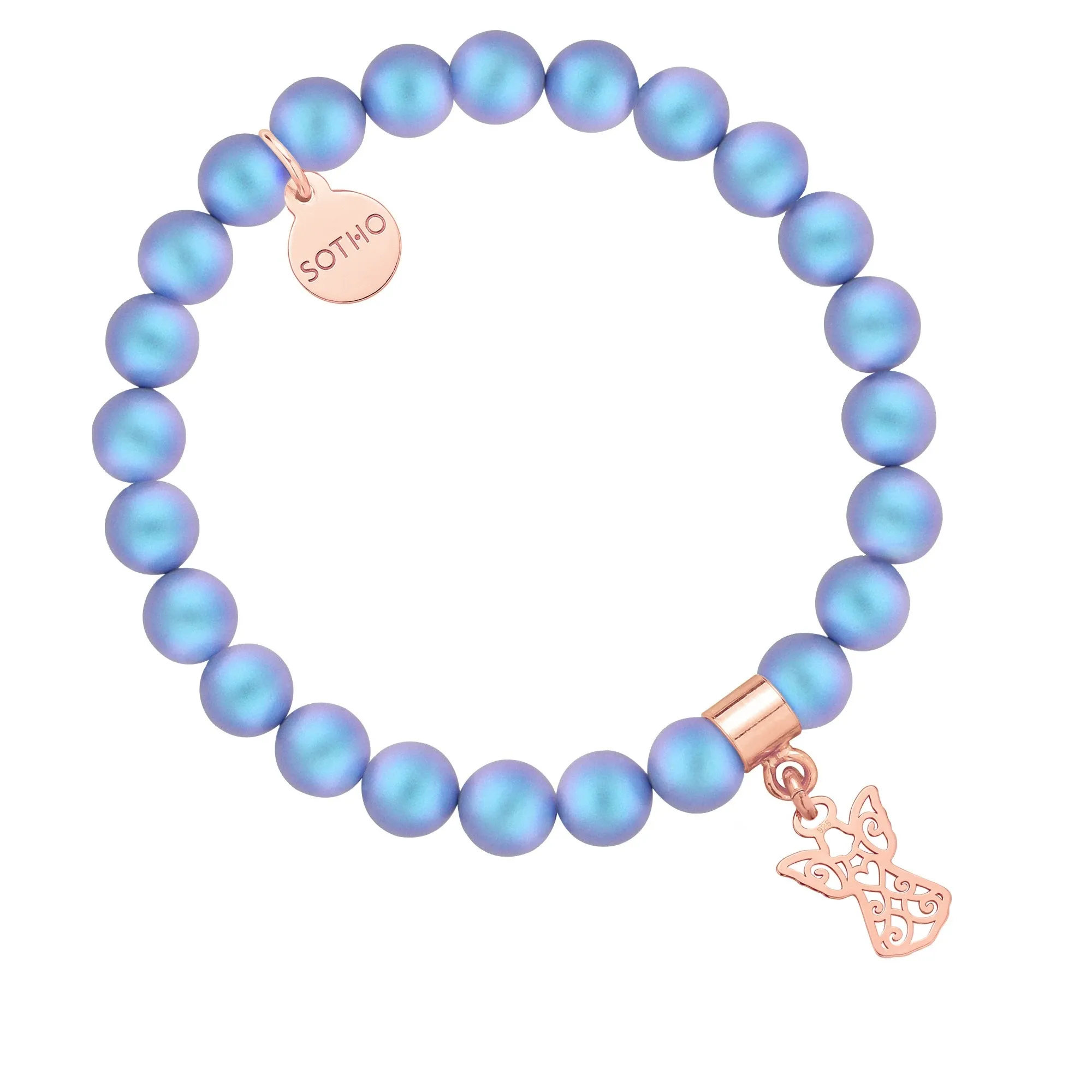 Niebieska bransoletka z pereł SWAROVSKI® CRYSTAL z ażurowym aniołkiem z różowego złota