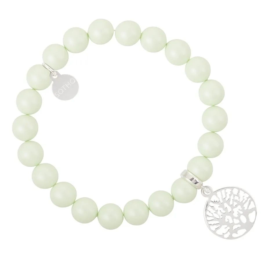 Zielona pastelowa bransoletka perły SWAROVSKI® ELEMENTS ze srebrnym drzewkiem