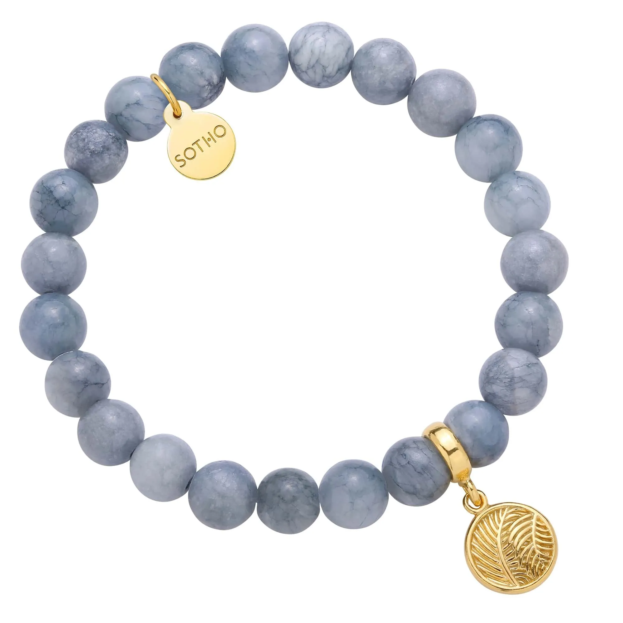 Brudnoniebieska bransoletka z anhydrytu ze złotymi liśćmi palmy