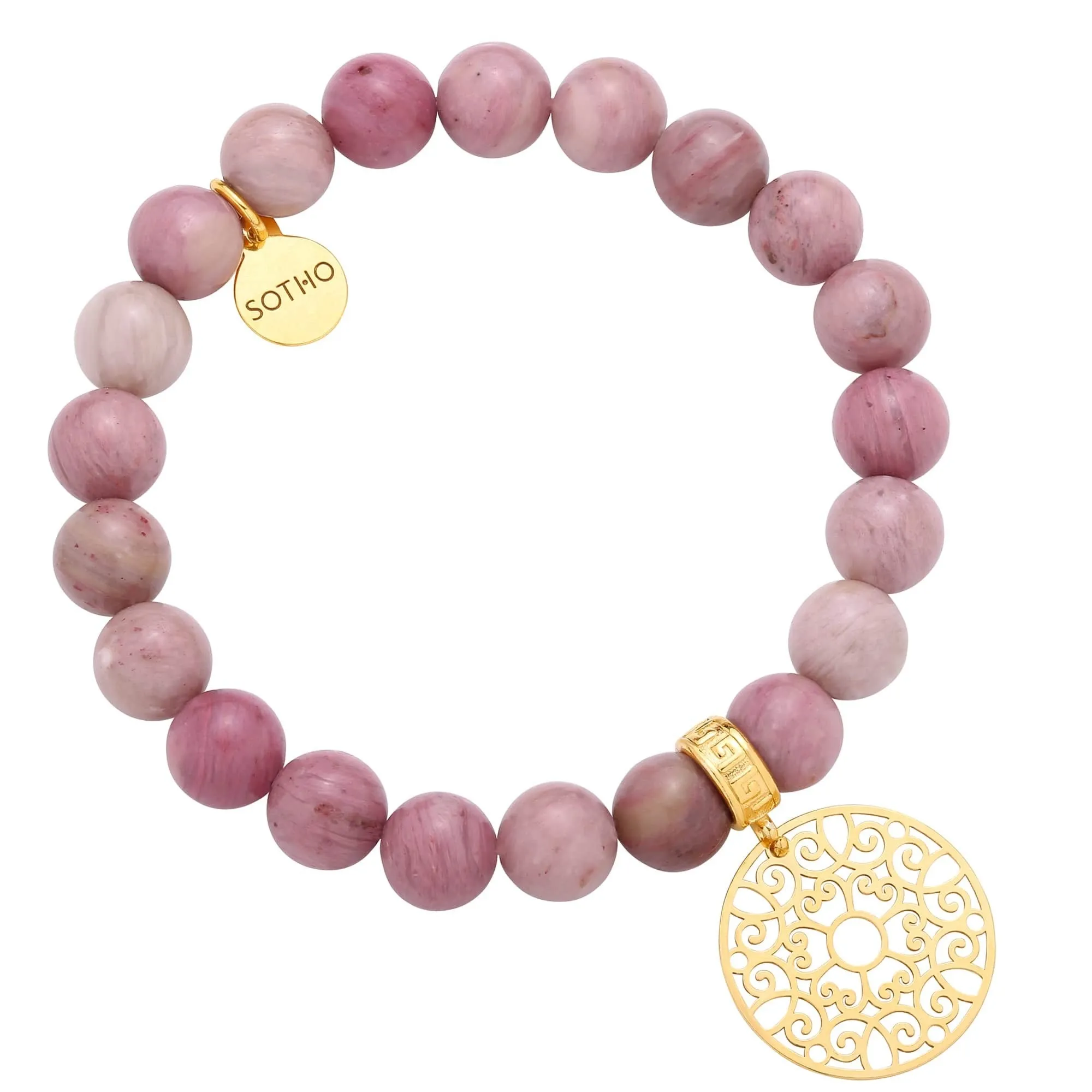 Różowa bransoletka z rodonitu ze złotą rozetką