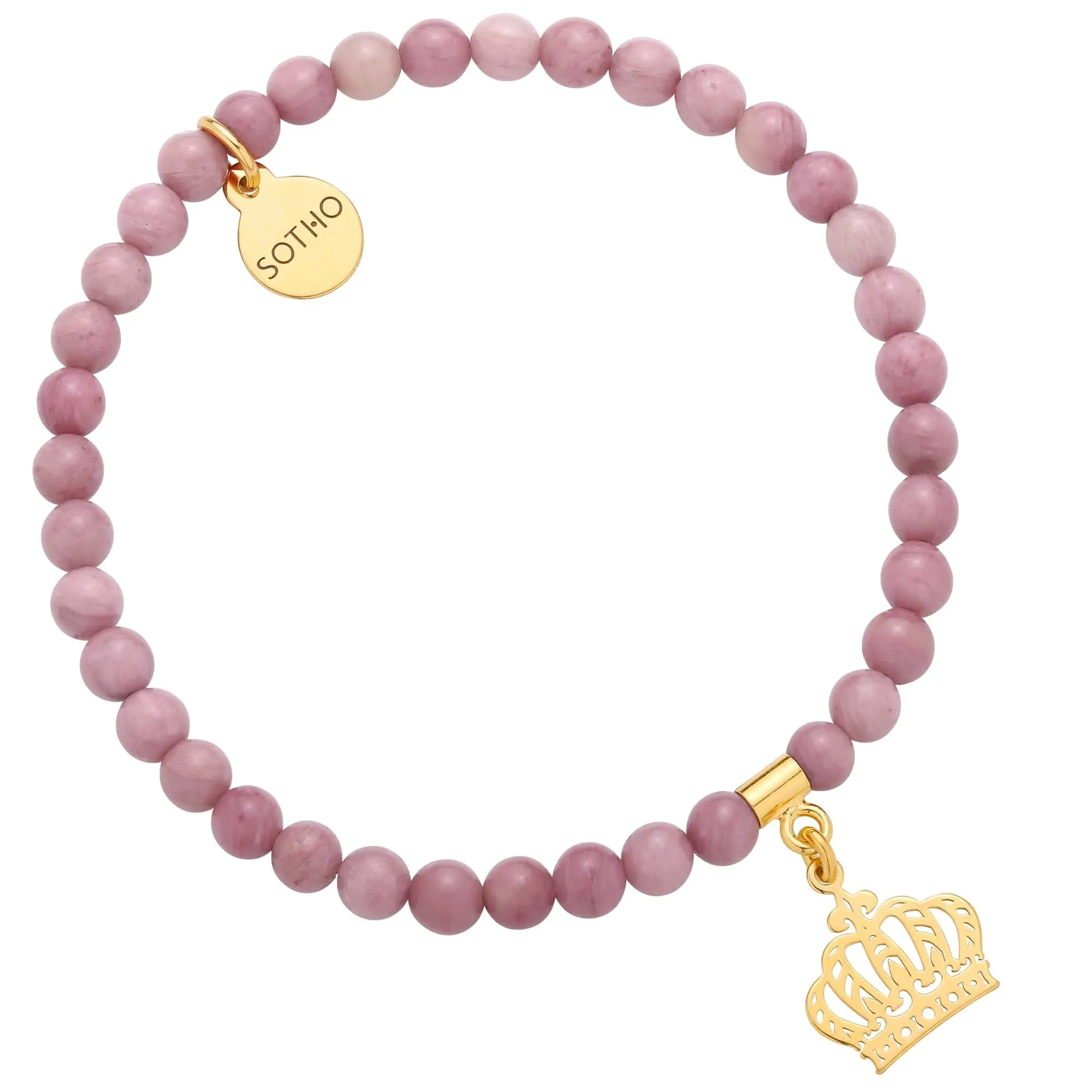 Różowa bransoletka z rodonitu ze złotą koroną