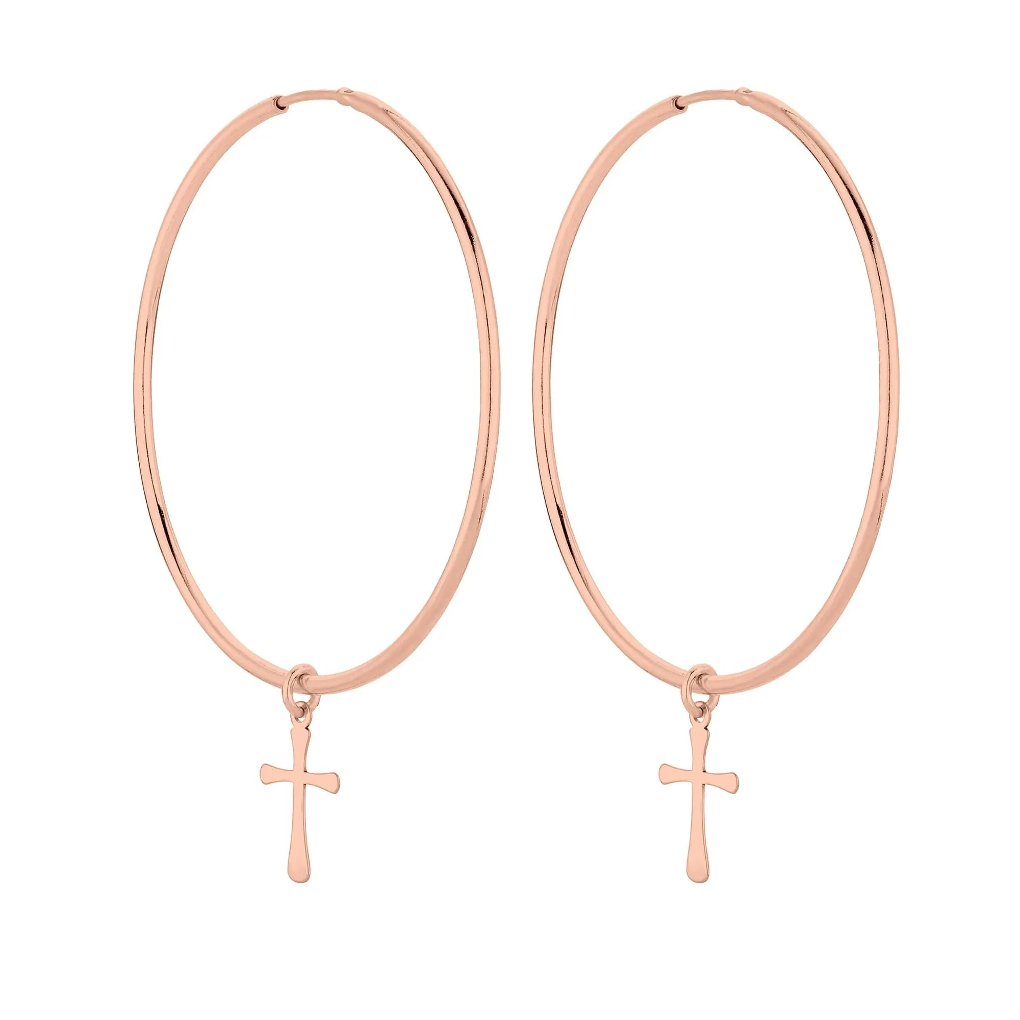 Duże kolczyki z różowego złota z krzyżami