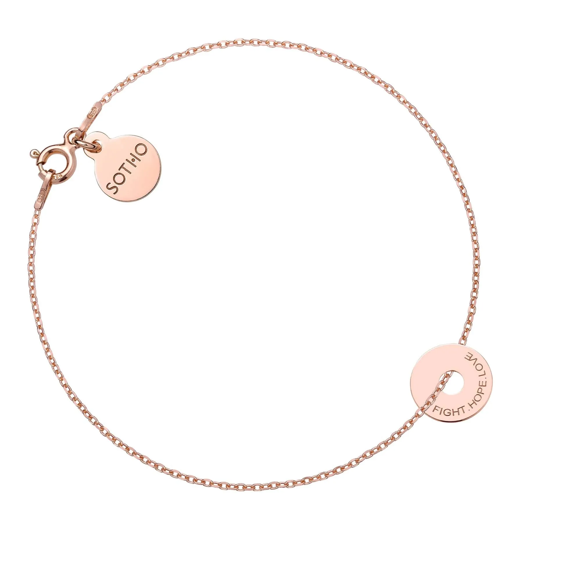 Bransoletka z różowego złota z malutką karmą FIGHT.HOPE.LOVE