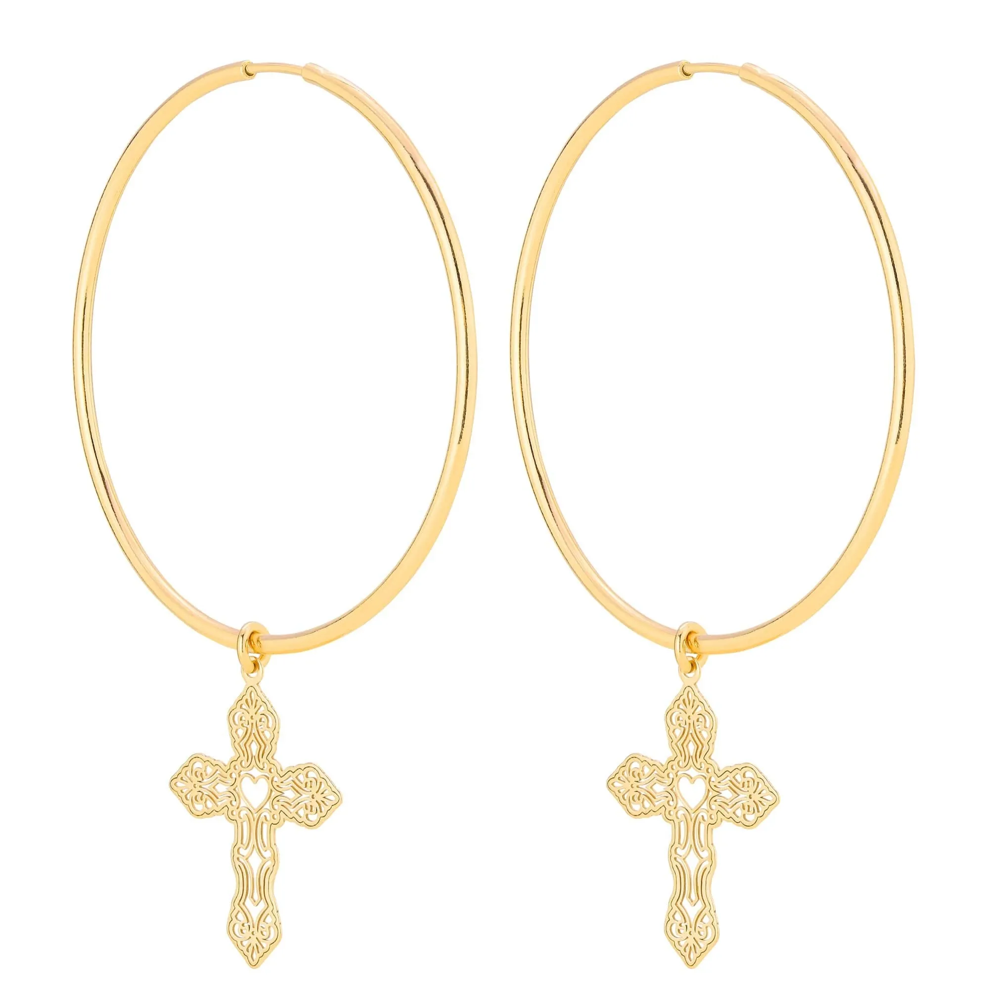 Złote kolczyki duże koła z krzyżami