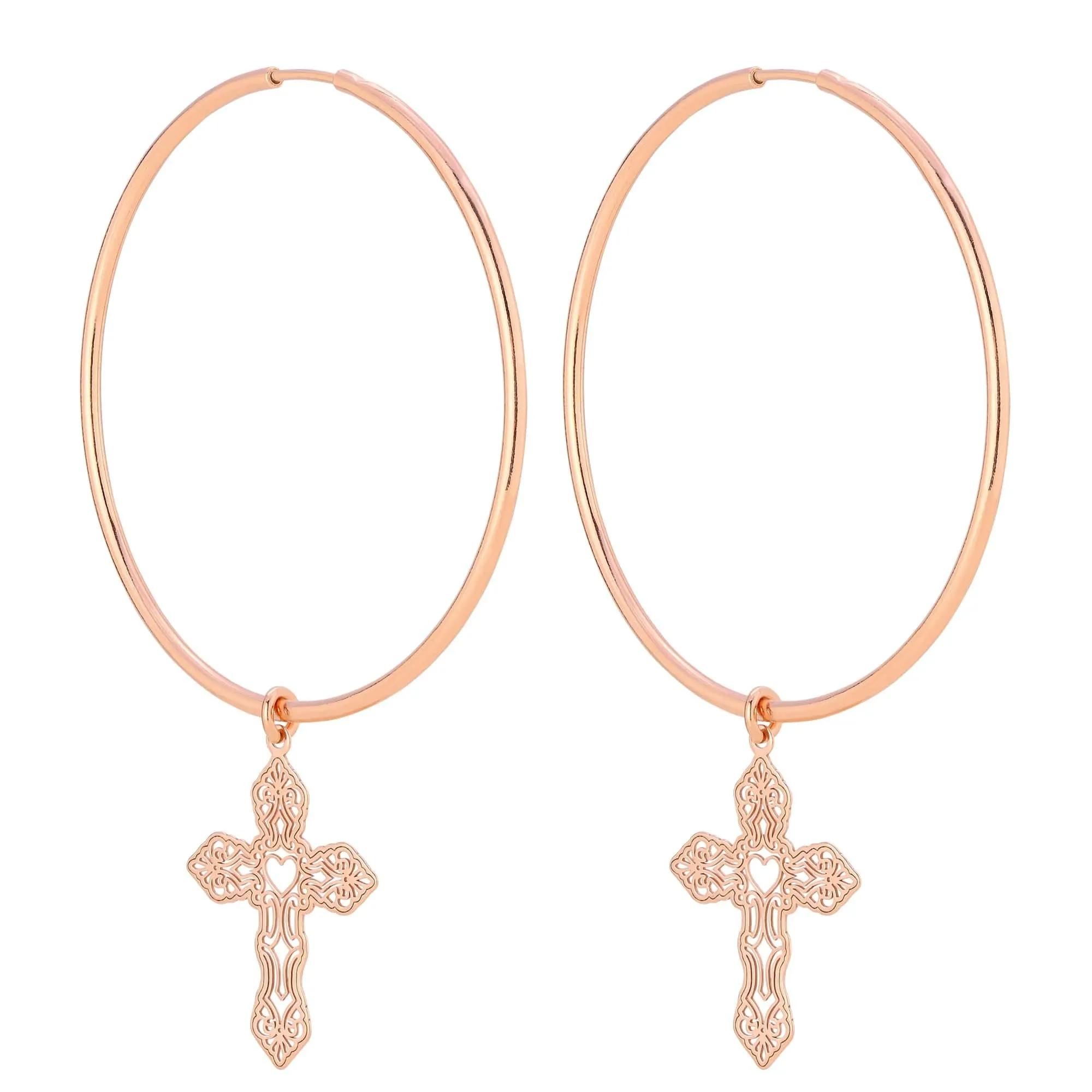 Kolczyki duże koła z krzyżami z różowego złota