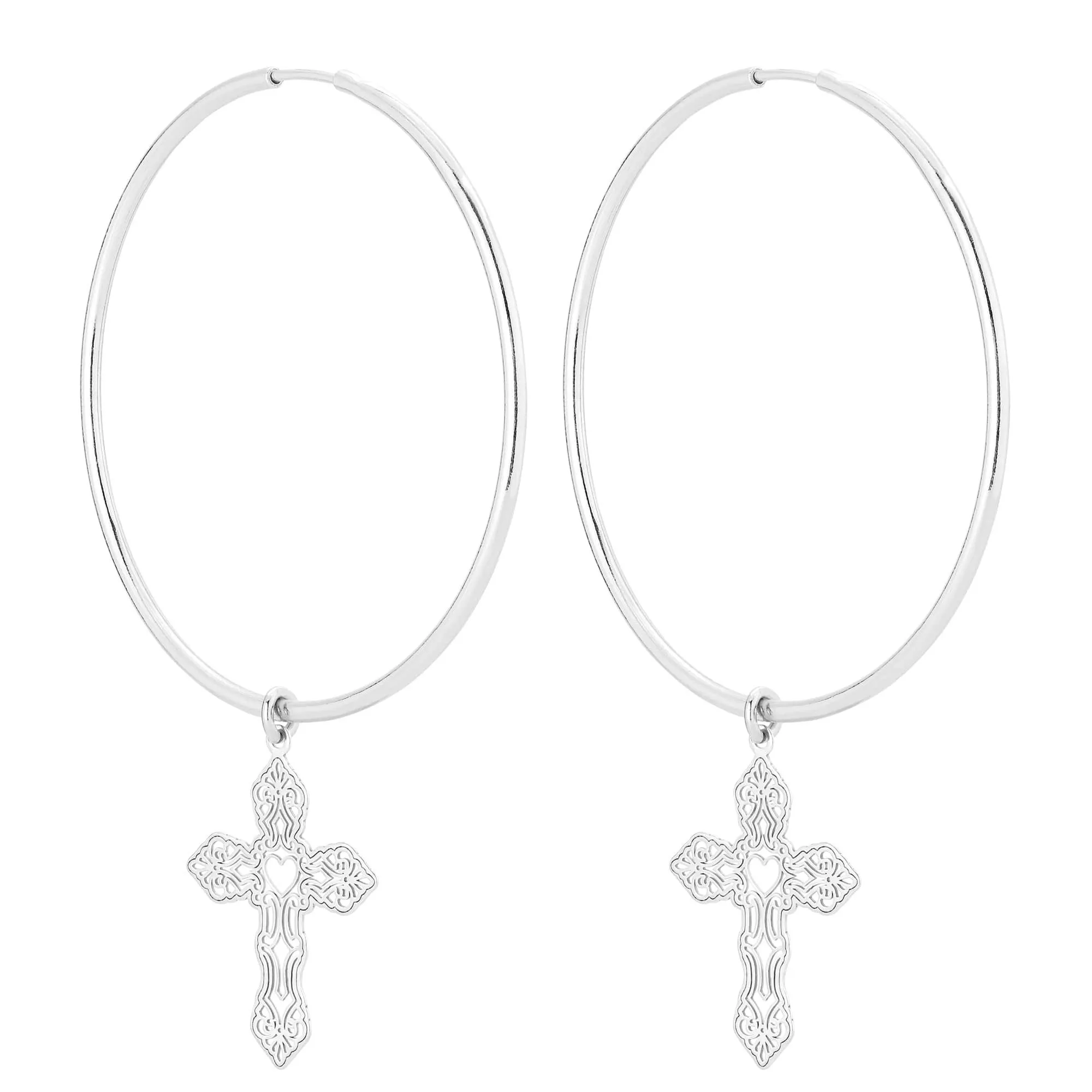 Srebrne kolczyki duże koła z krzyżami