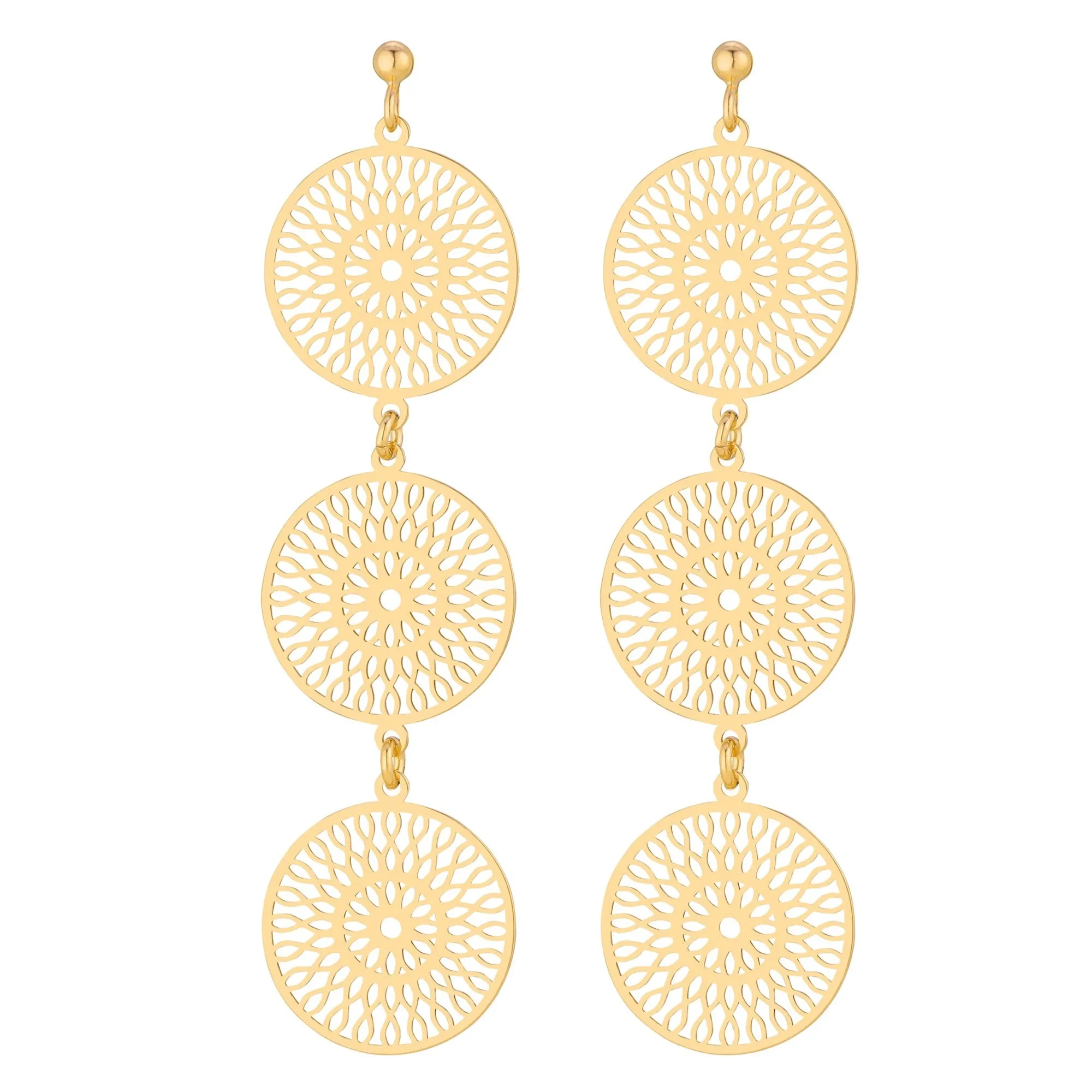 Złote długie kolczyki potrójne rozetki