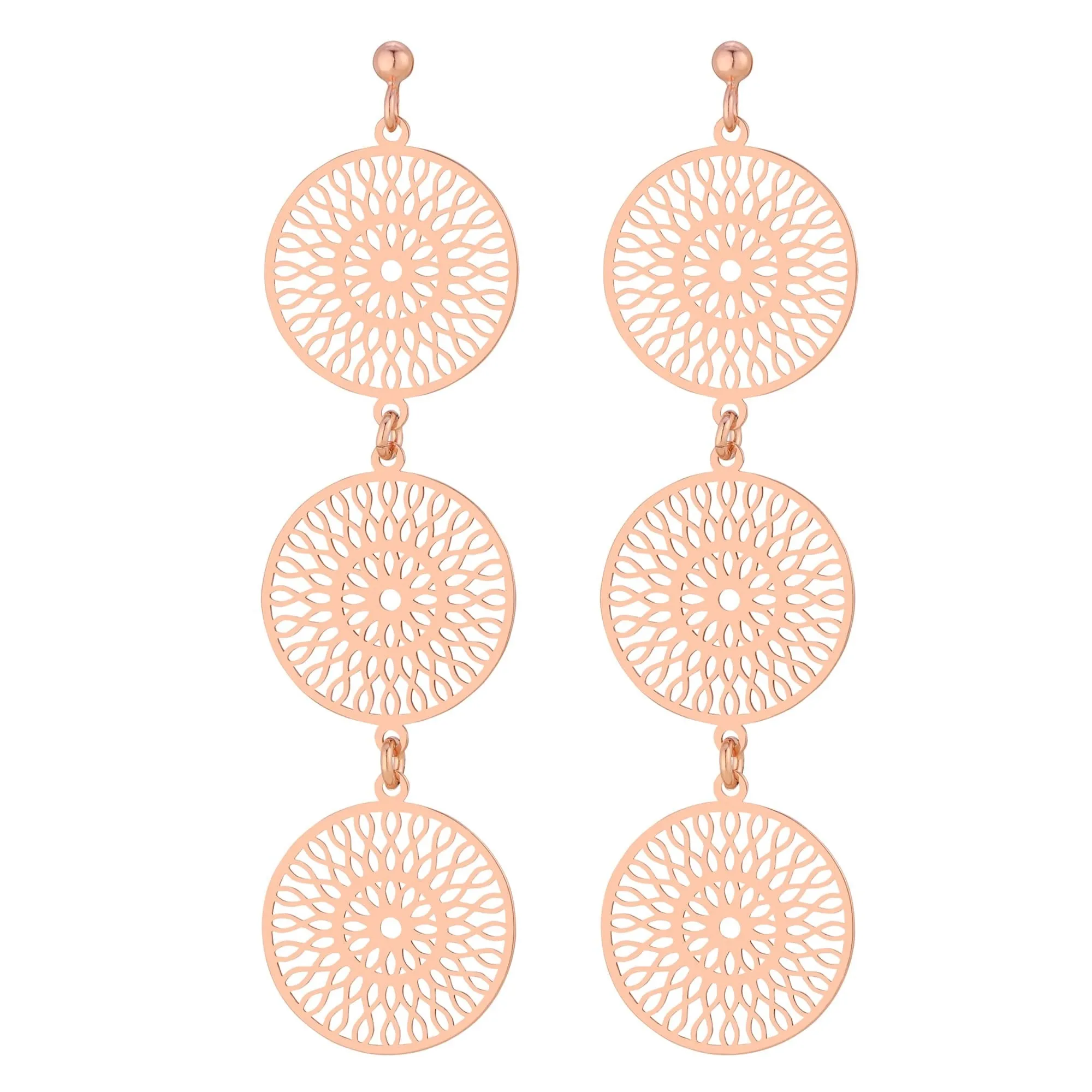 Długie kolczyki potrójne rozetki w różowym złocie