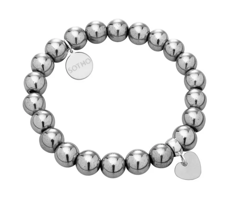 Bransoletka modowa hematyt z zawieszką serce srebro 925 grawer