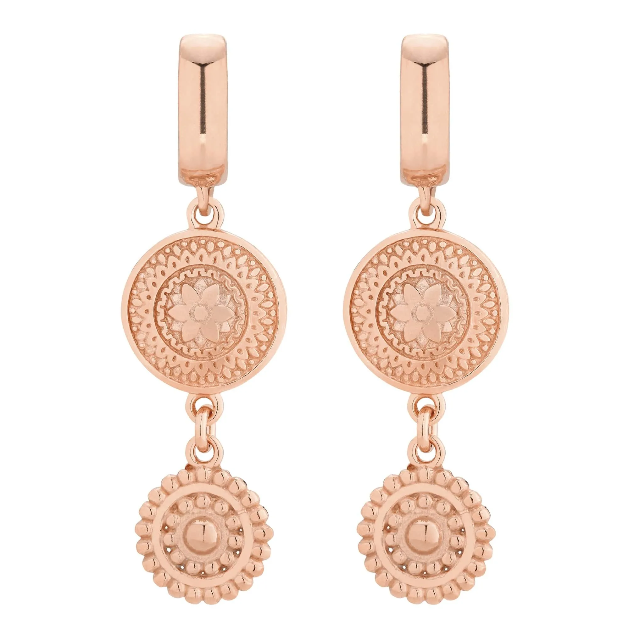 Kolczyki długie z różowego złota z rozetkami