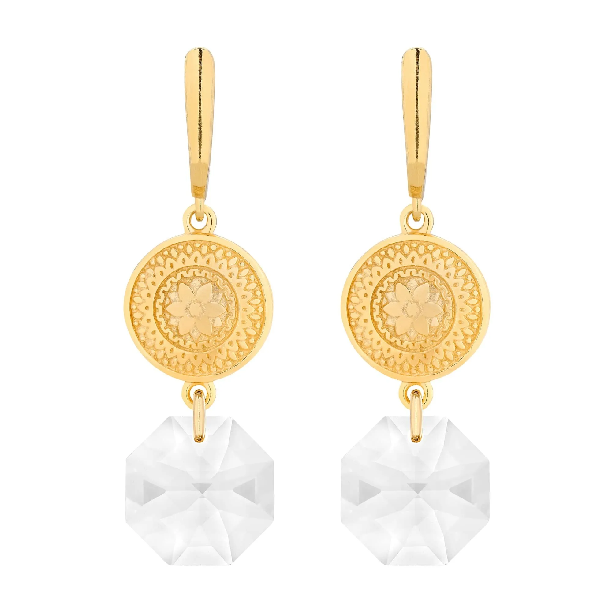 Złote długie kolczyki z medalionami i kryształami SWAROVSKI® CRYSTAL