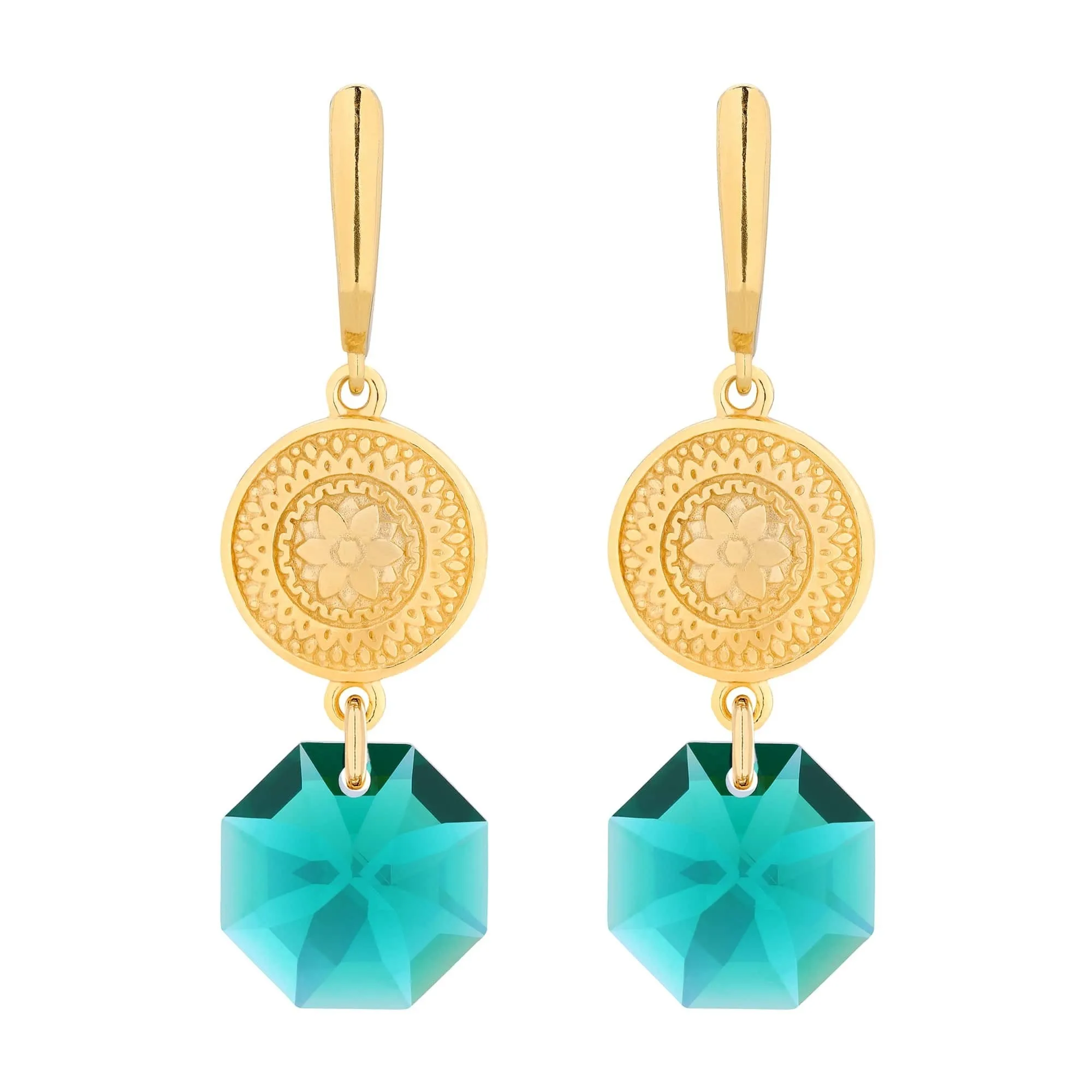 Złote długie kolczyki z medalionami i kryształami SWAROVSKI® CRYSTAL