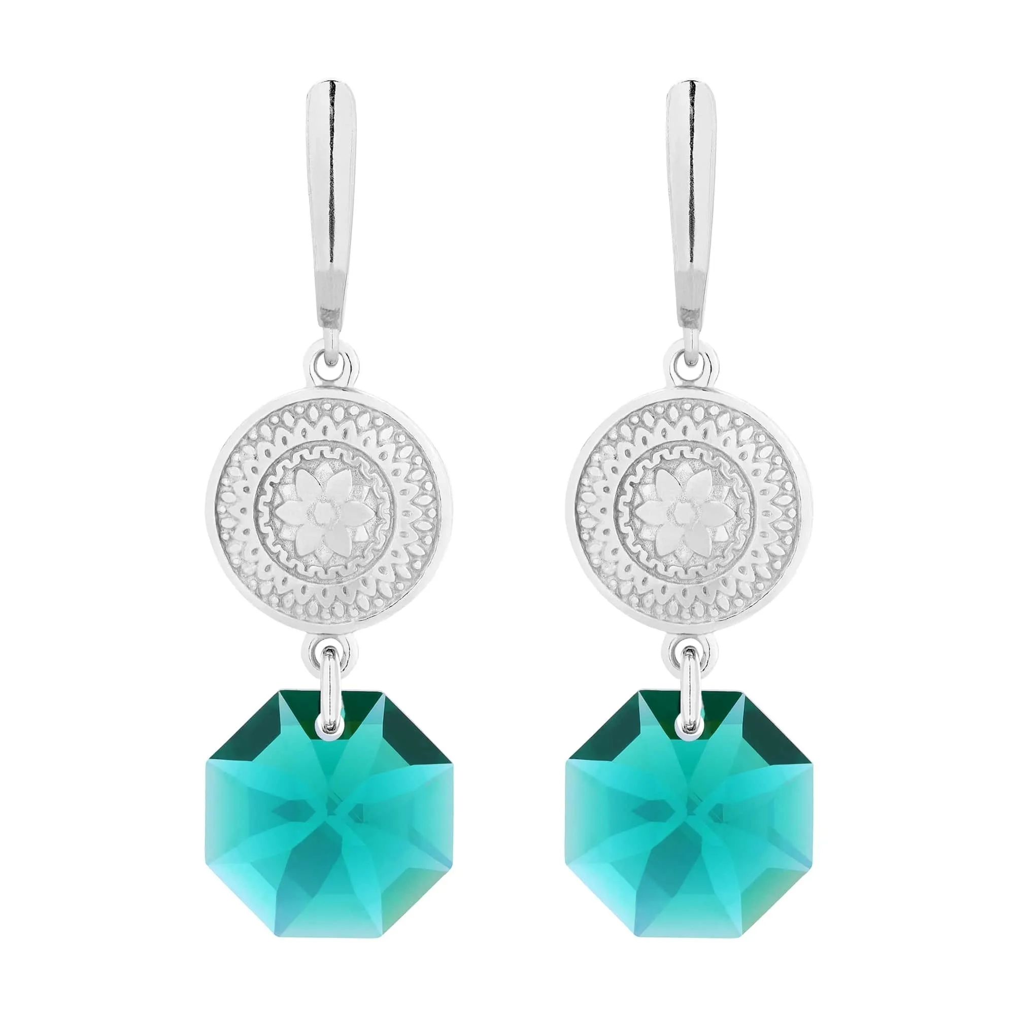 Srebrne długie kolczyki z medalionami i kryształami SWAROVSKI® CRYSTAL