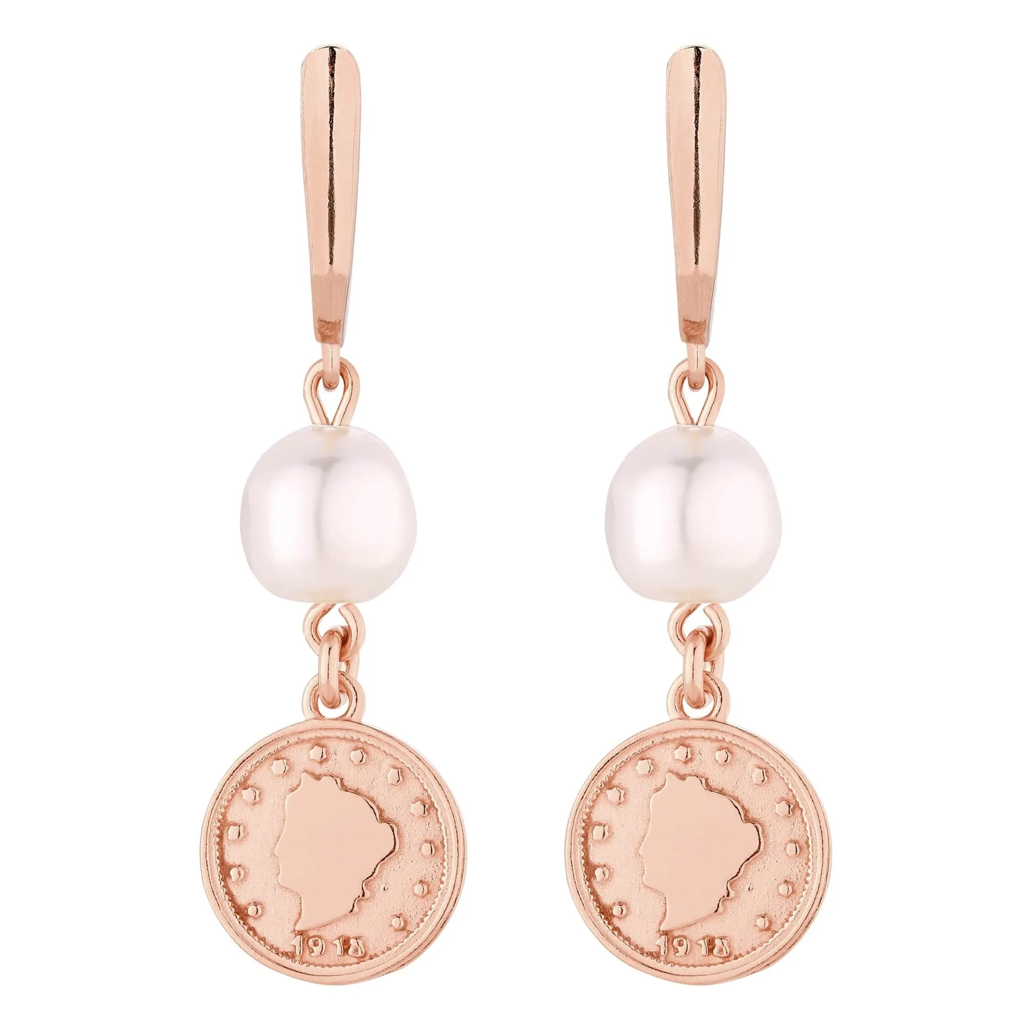 Długie kolczyki z różowego złota z monetami i perłami SWAROVSKI® CRYSTAL