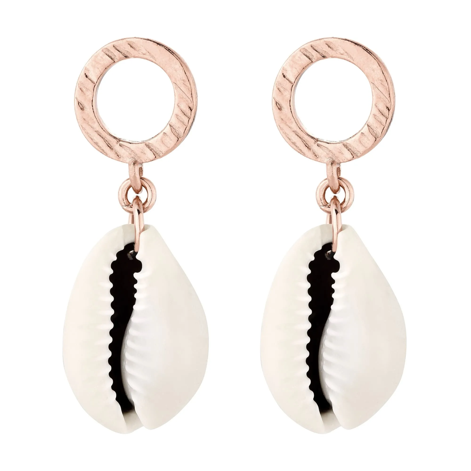 Kolczyki z różowego złota z chropowatym kółeczkiem i dużą muszelką