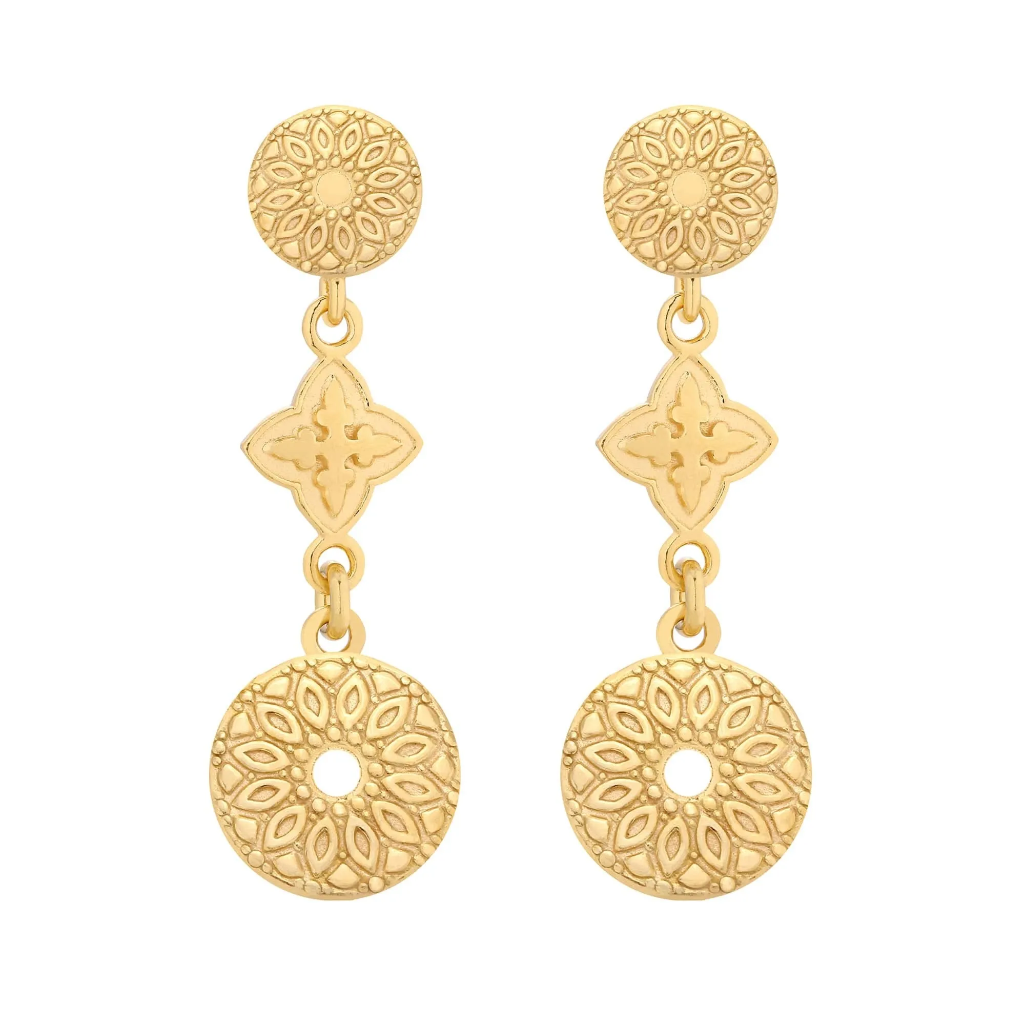 Złote kolczyki z rozetkami i medalionami