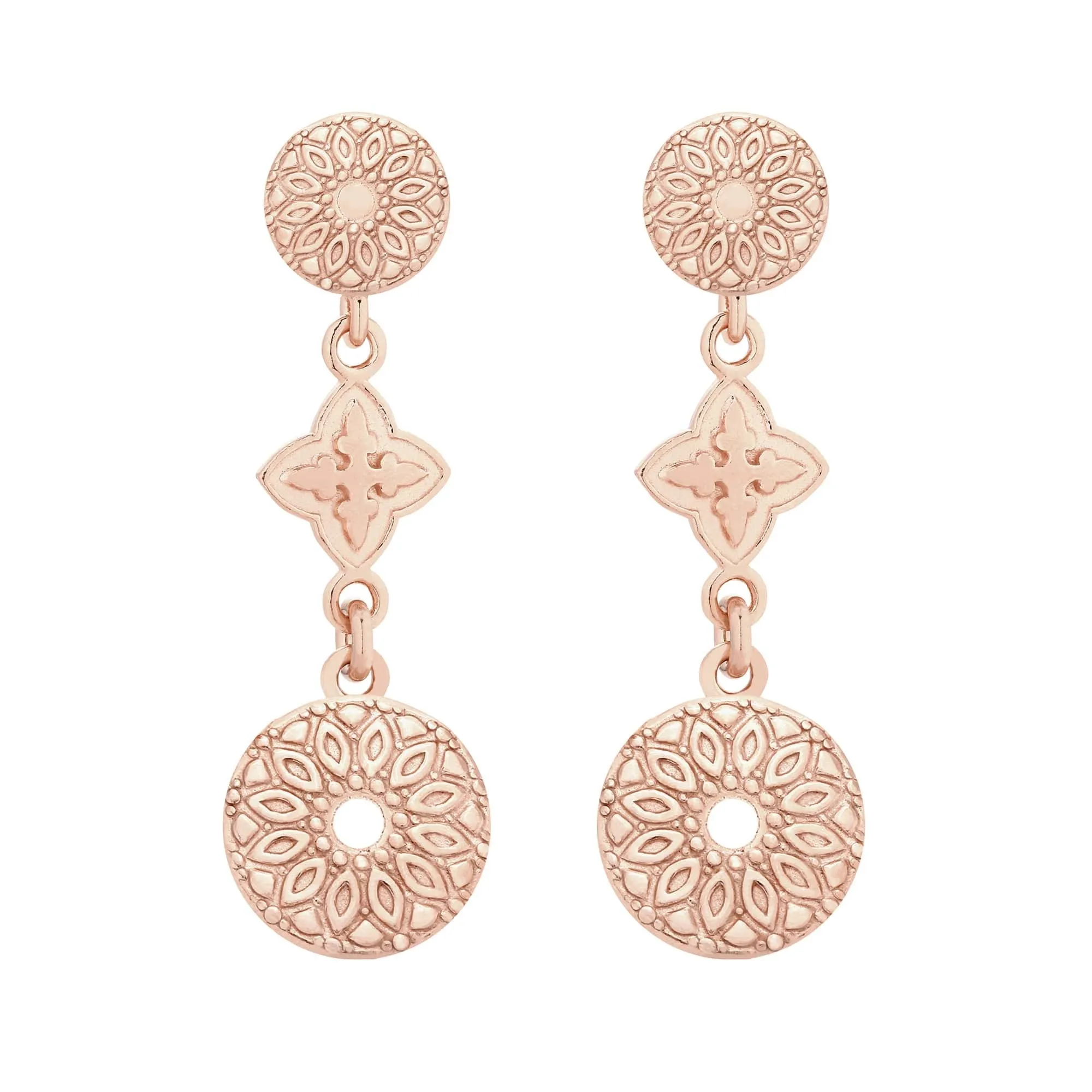 Kolczyki z różowego złota z rozetkami i medalionami