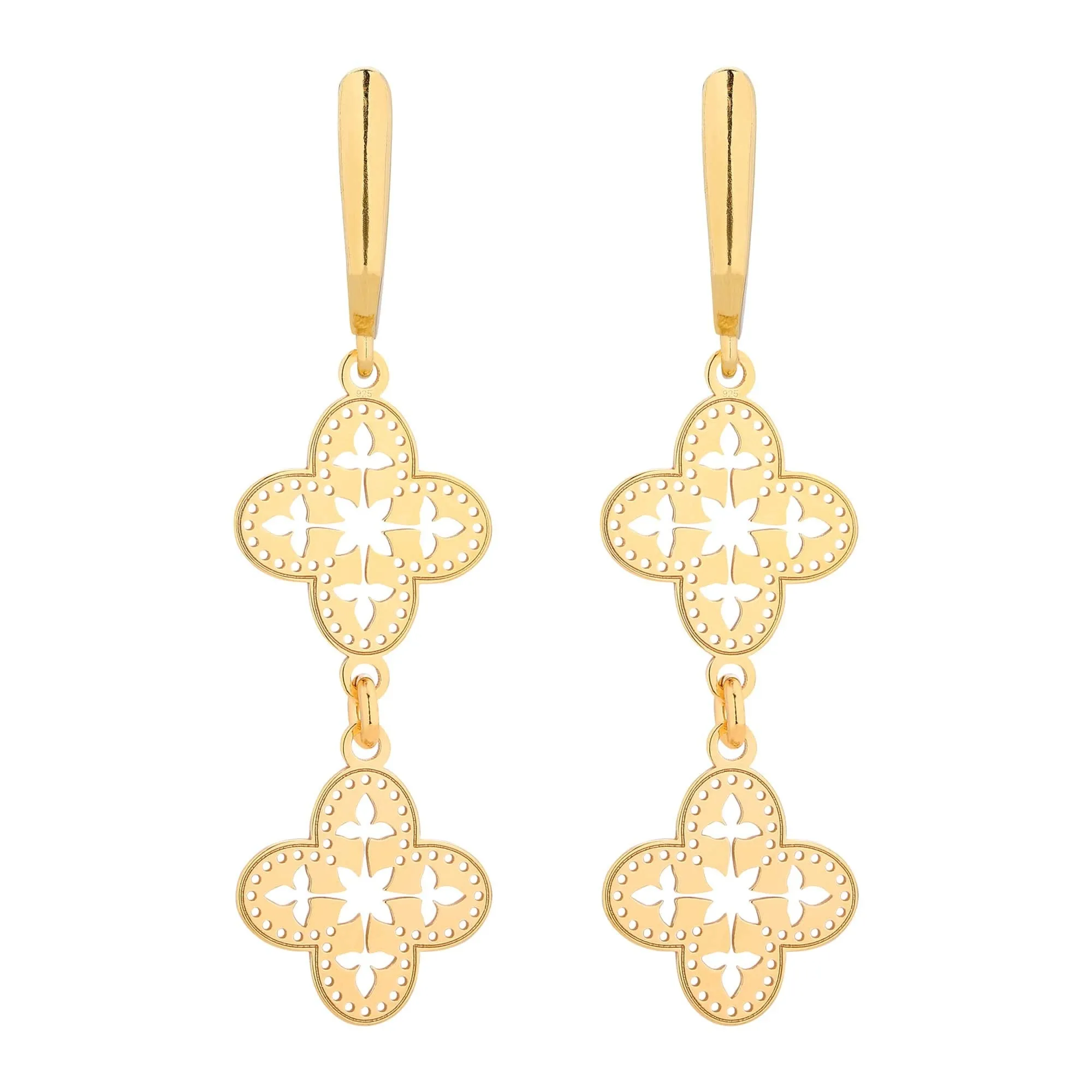 Złote długie kolczyki z ażurowymi rozetkami