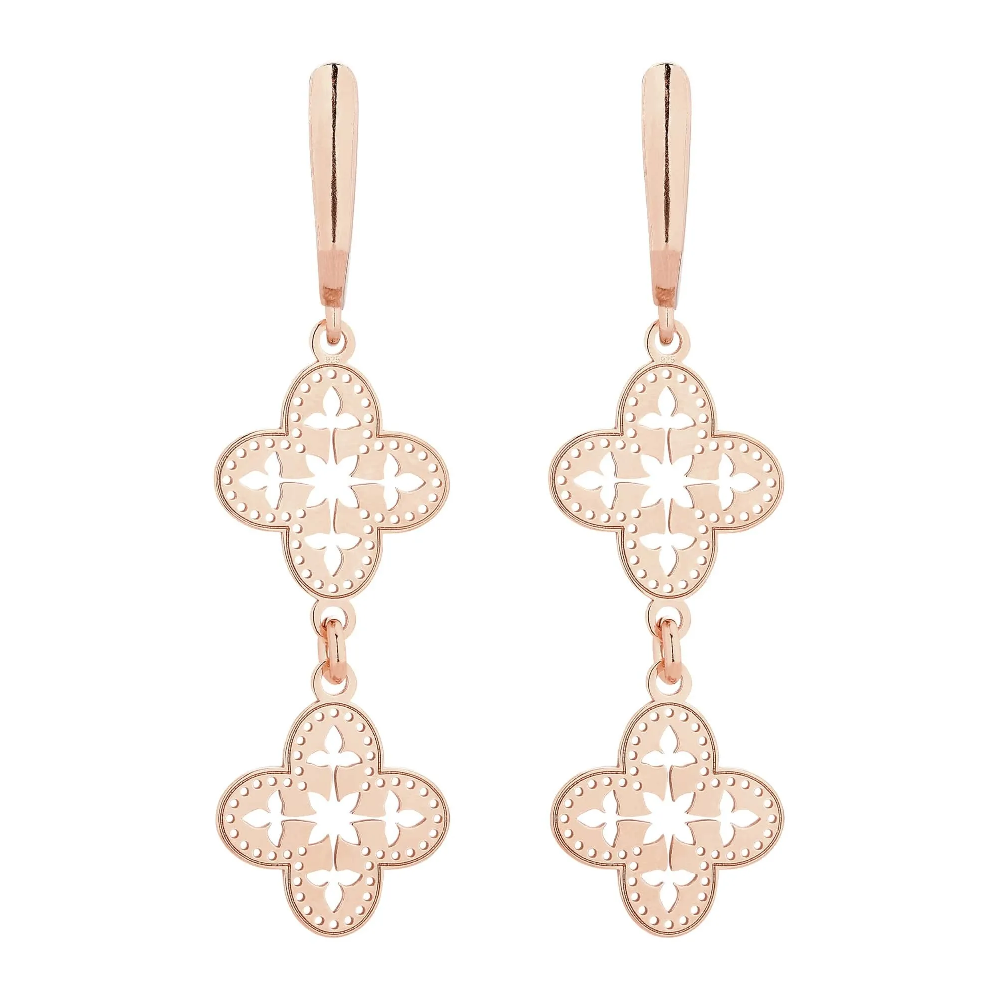 Długie kolczyki z ażurowymi rozetkami z różowego złota