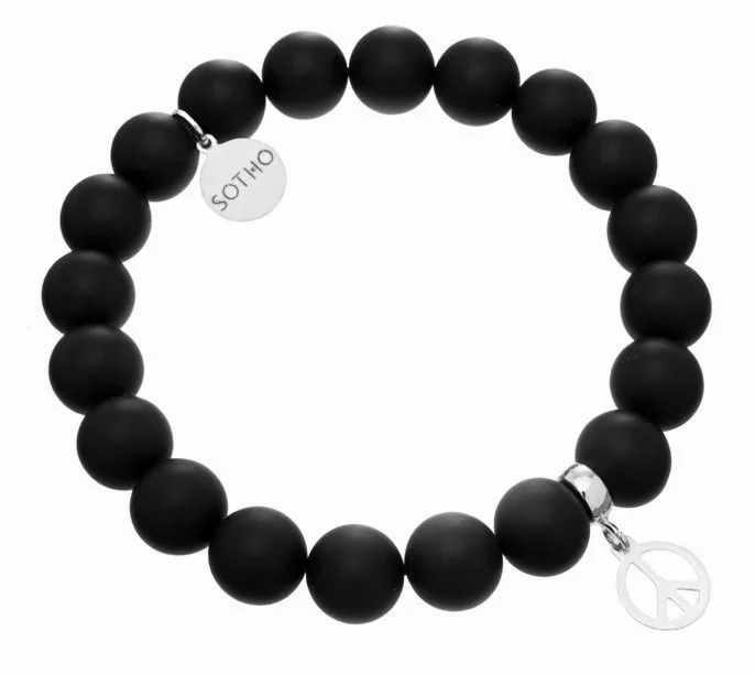 Męska czarna bransoletka onyks matowy symbol pokoju pacyfka srebro 925