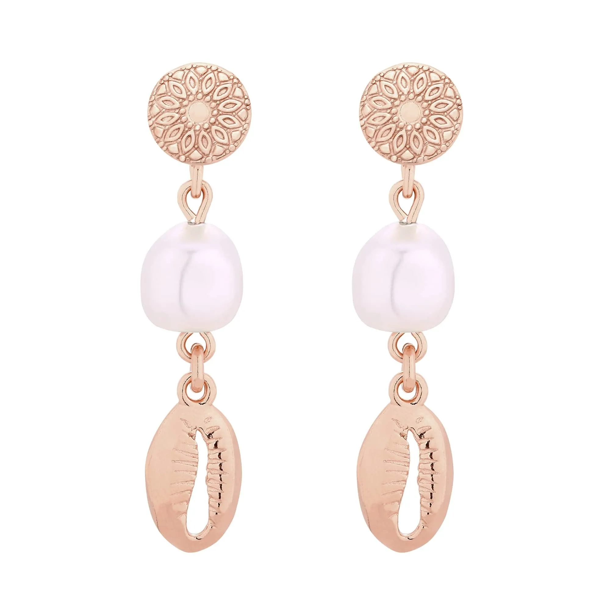 Długie kolczyki z różowego złota z muszelkami i perłami SWAROVSKI® CRYSTAL