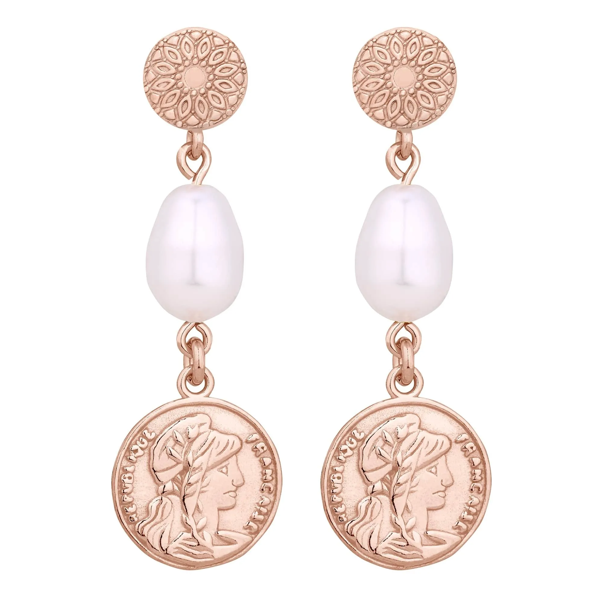 Długie kolczyki z różowego złota z monetami i perłami SWAROVSKI® CRYSTAL