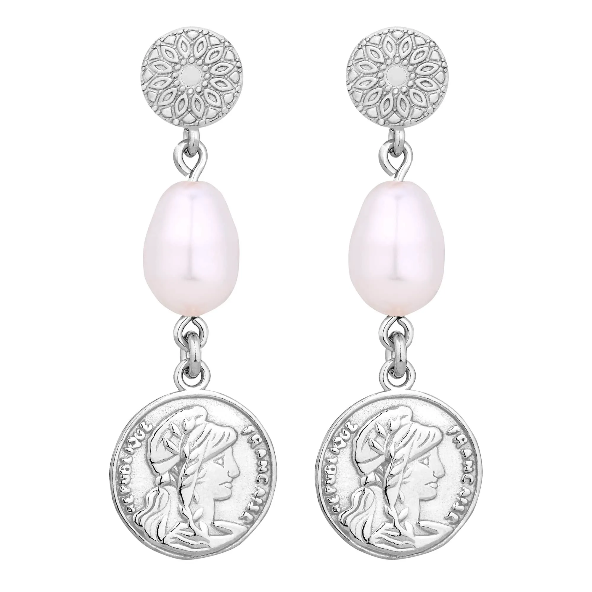 Srebrne długie kolczyki z monetami i perłami SWAROVSKI® CRYSTAL