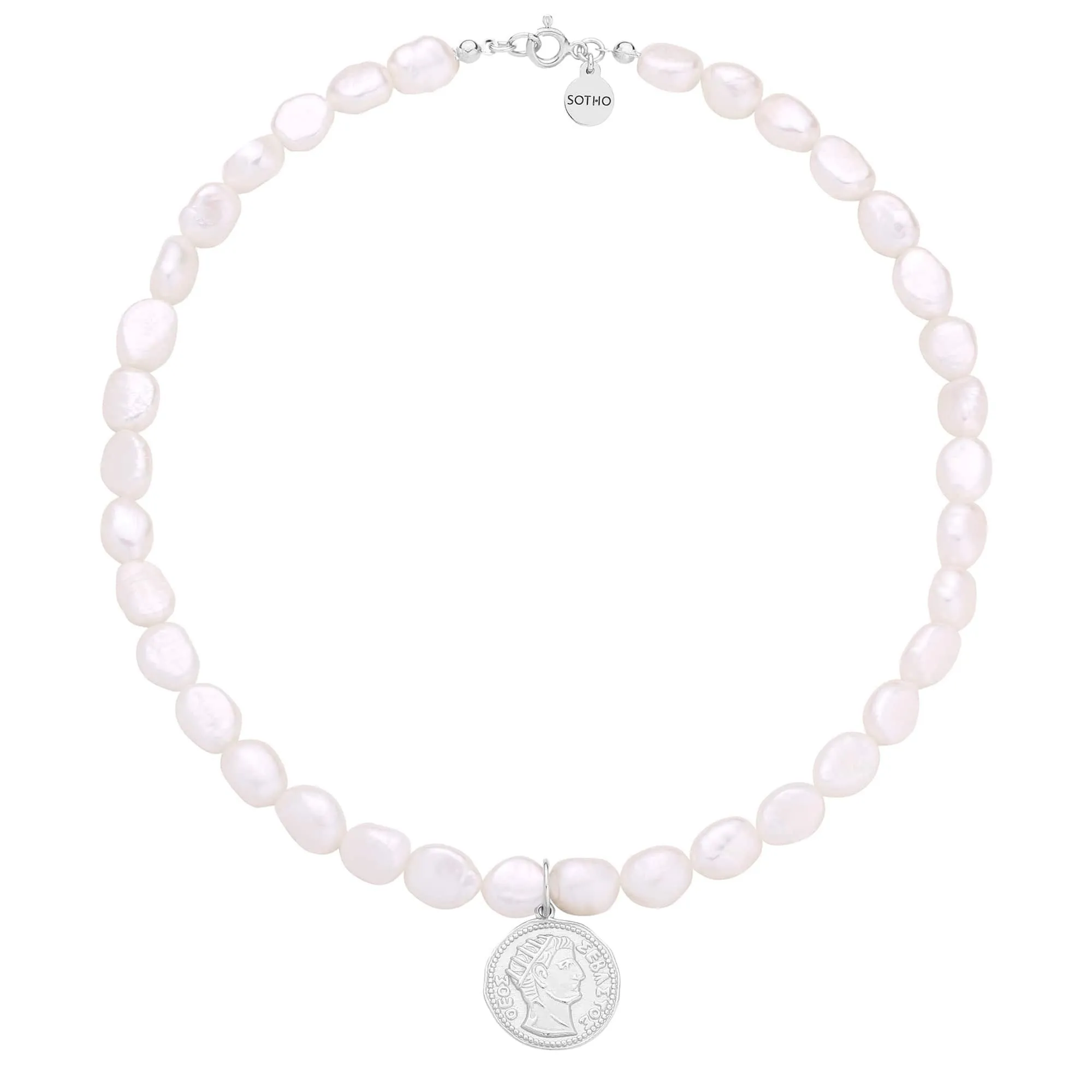 Srebrny naszyjnik z pereł naturalnych z monetą