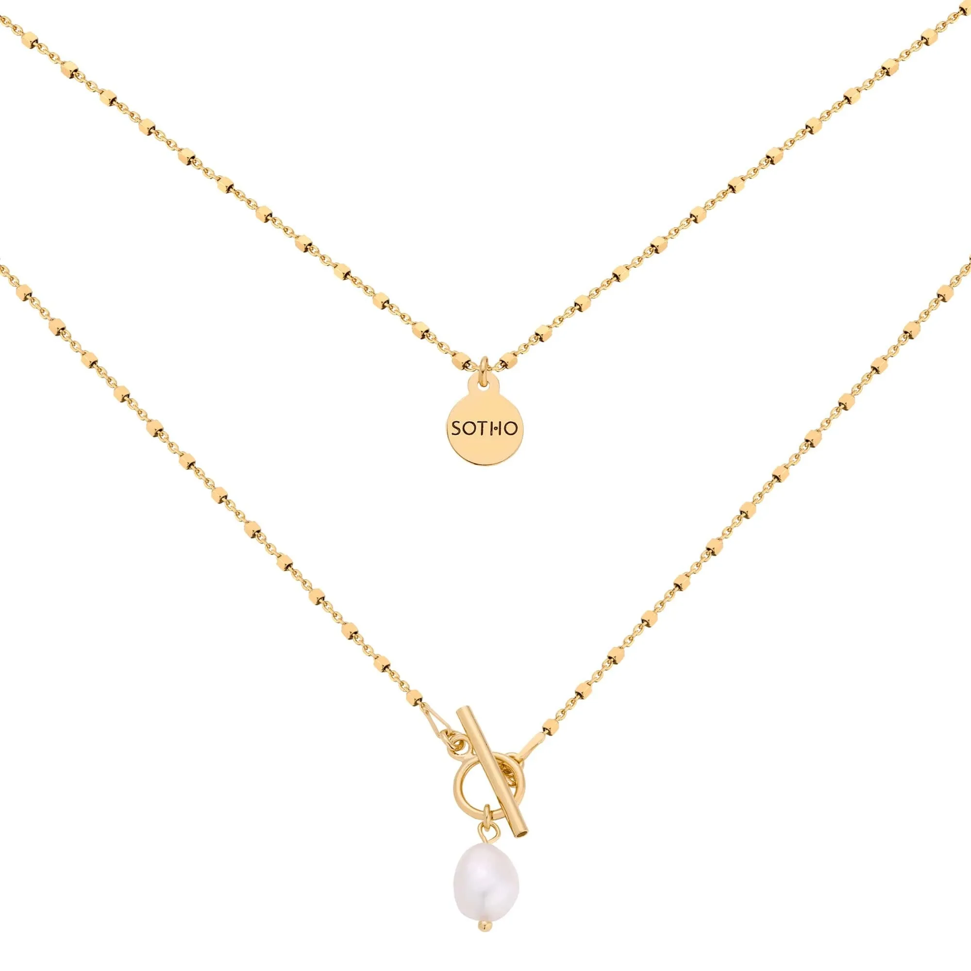 Złoty kosteczkowy naszyjnik z ozdobnym zapięciem i perłą : Długość - 46,5 cm