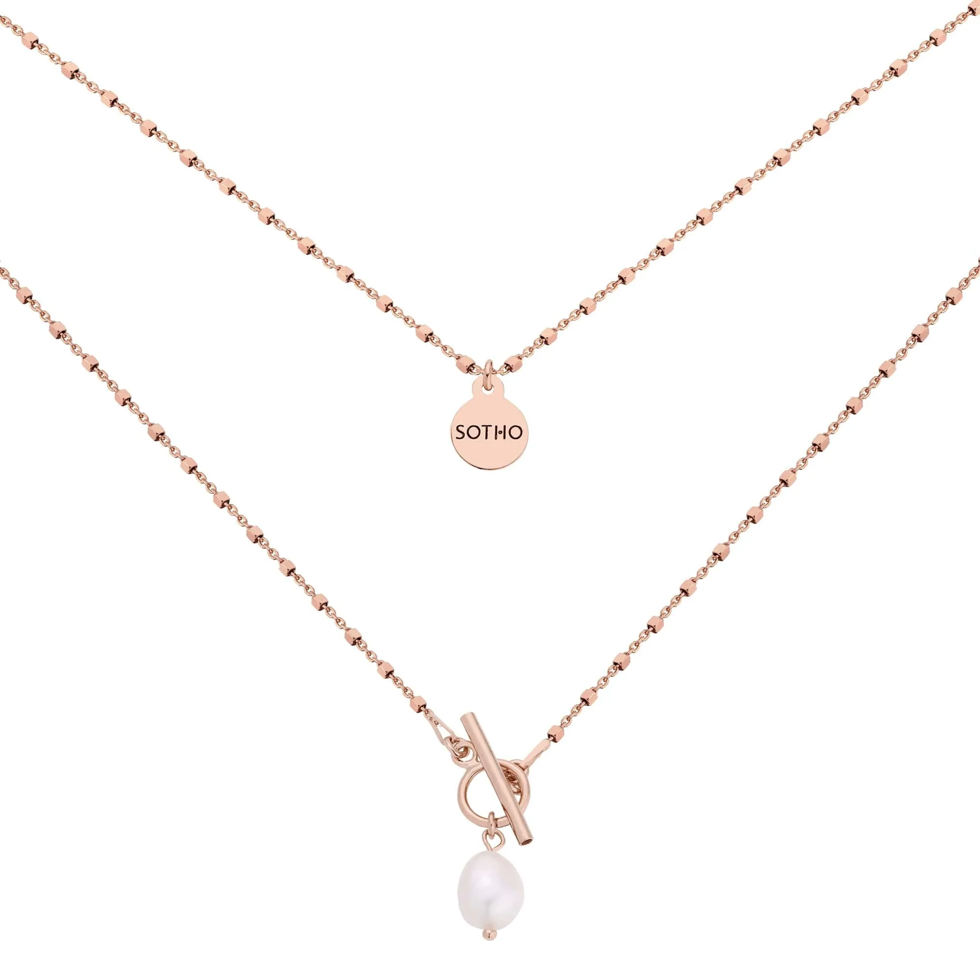 Naszyjnik kosteczkowy z różowego złota z ozdobnym zapięciem i perłą : Długość - 41,5 cm