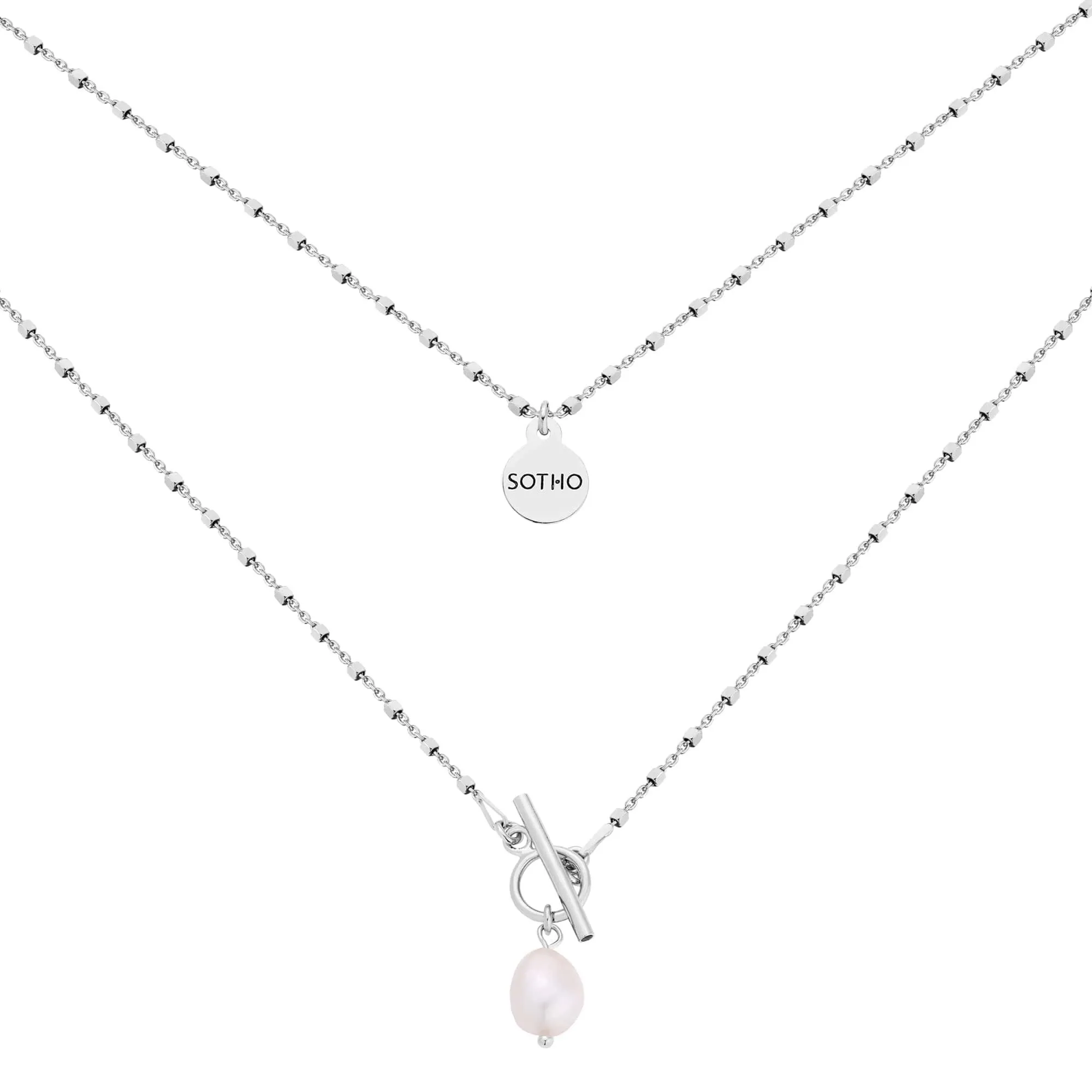 Srebrny kosteczkowy naszyjnik z ozdobnym zapięciem i perłą : Długość - 41,5 cm