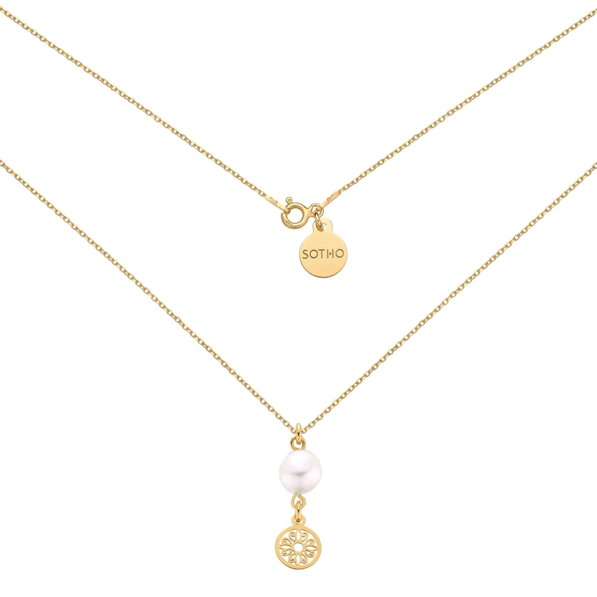 Złoty naszyjnik z rozetką i naturalną perłą : Długość - 45 cm