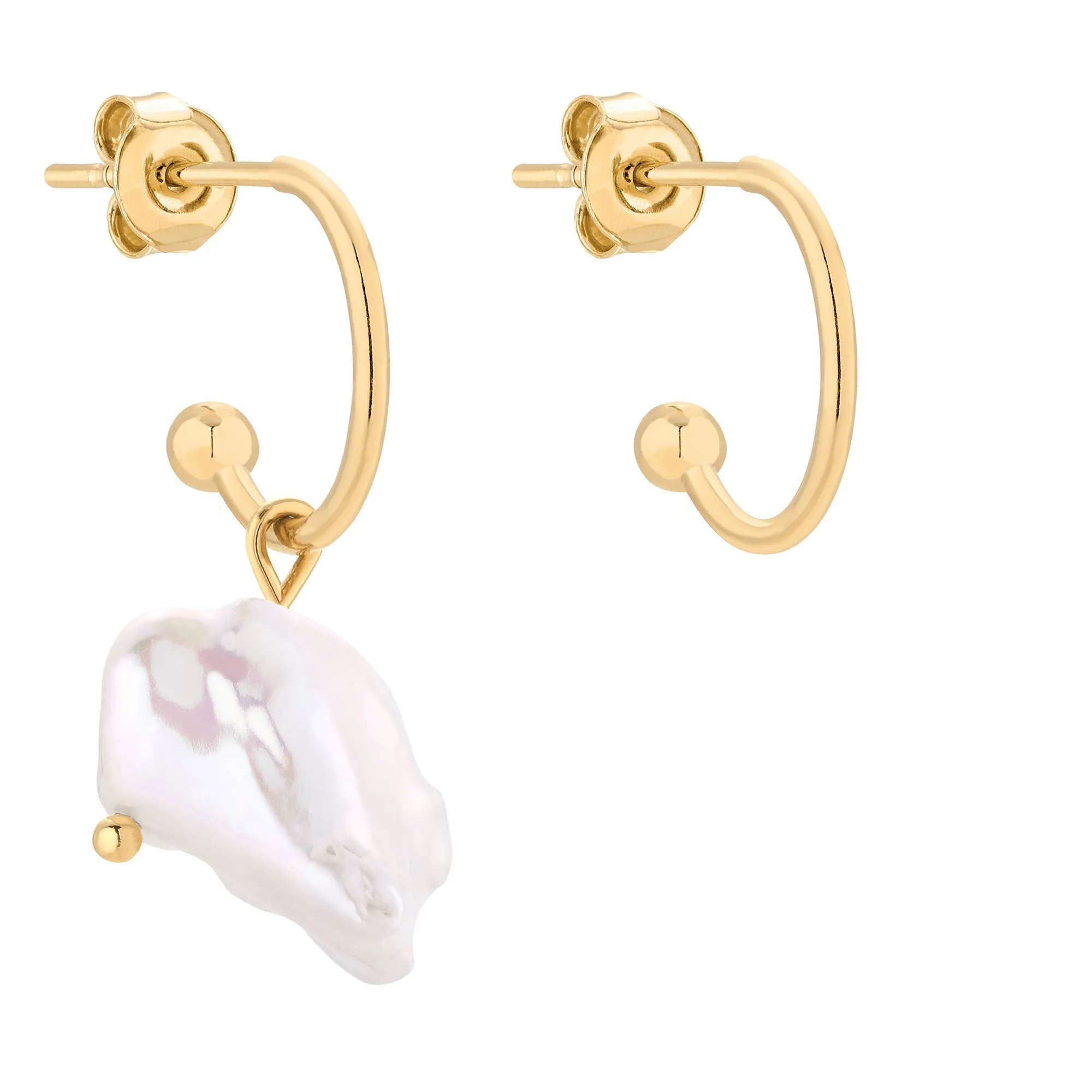 Złote asymetryczne kolczyki z naturalną perłą