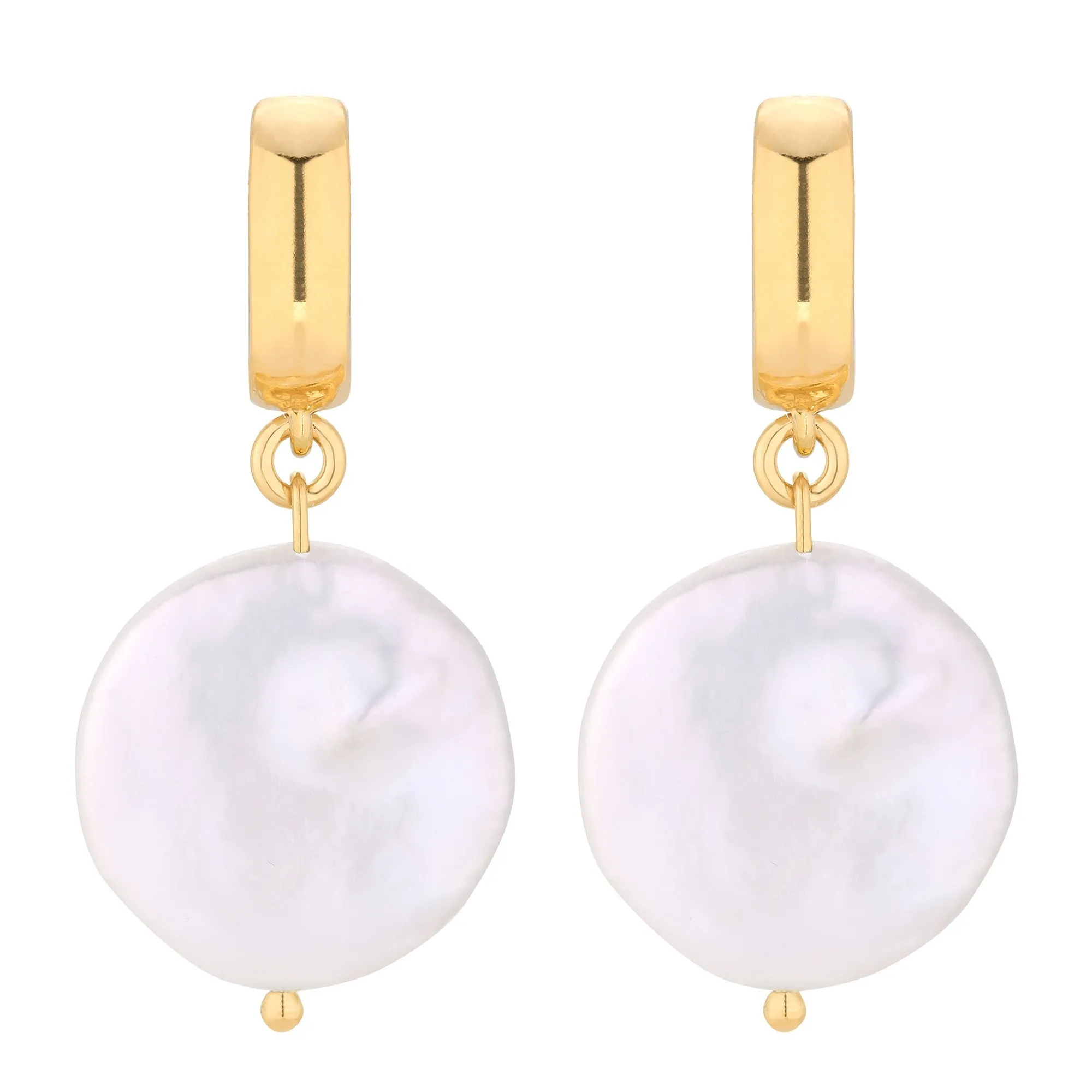 Złote kolczyki z dużymi płaskimi perłami