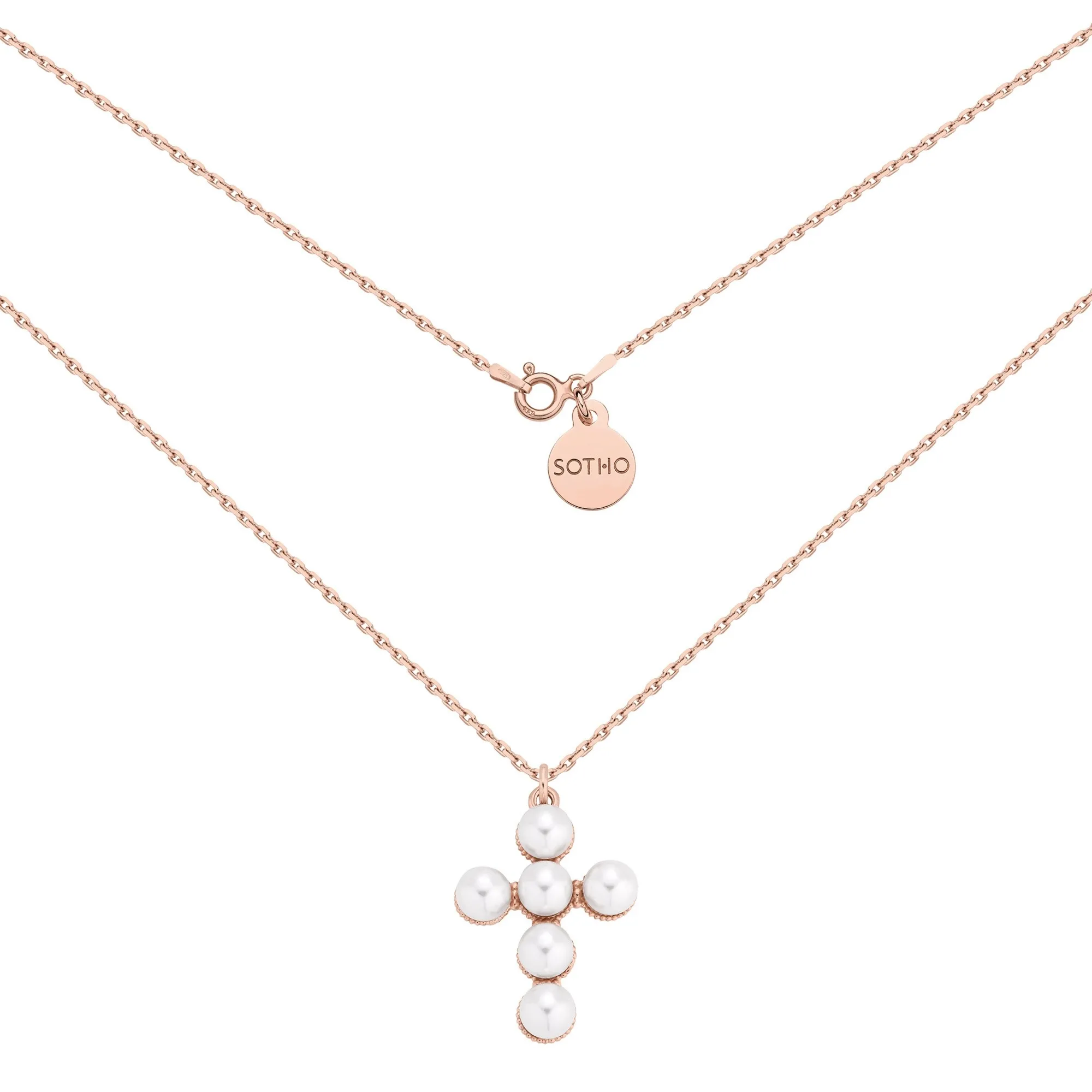 Naszyjnik z różowego złota z krzyżem zdobionym perłami : Długość - 45 cm