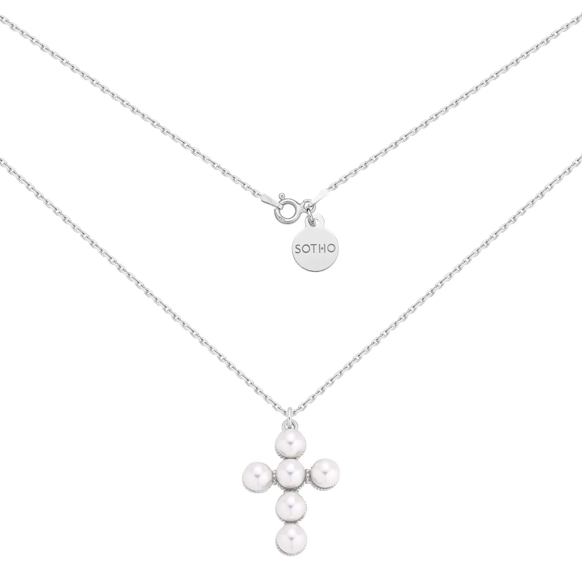 Srebrny naszyjnik z krzyżem zdobionym perłami : Długość - 45 cm