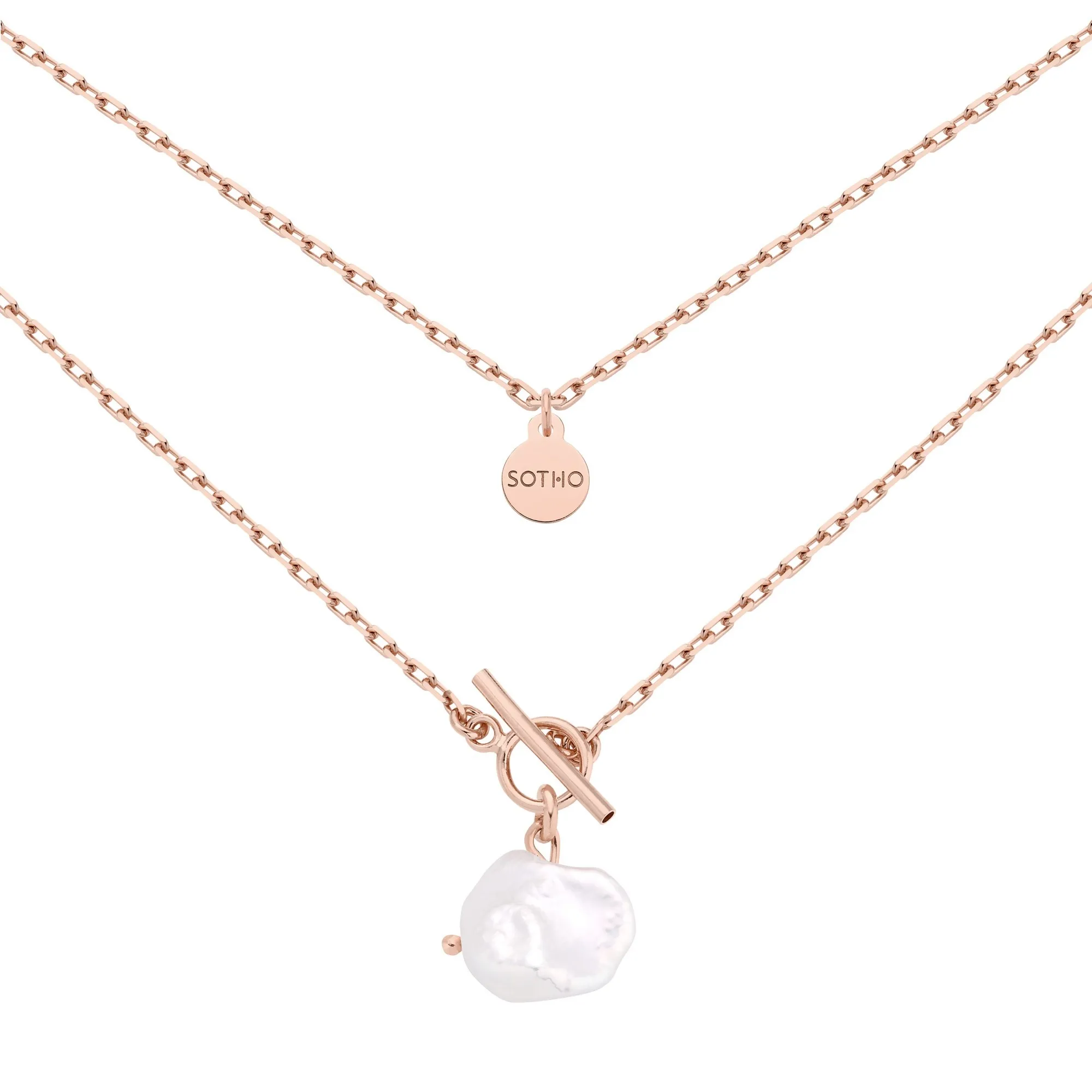 Masywny naszyjnik z różowego złota z naturalną nieregularną perłą : Długość - 45 cm