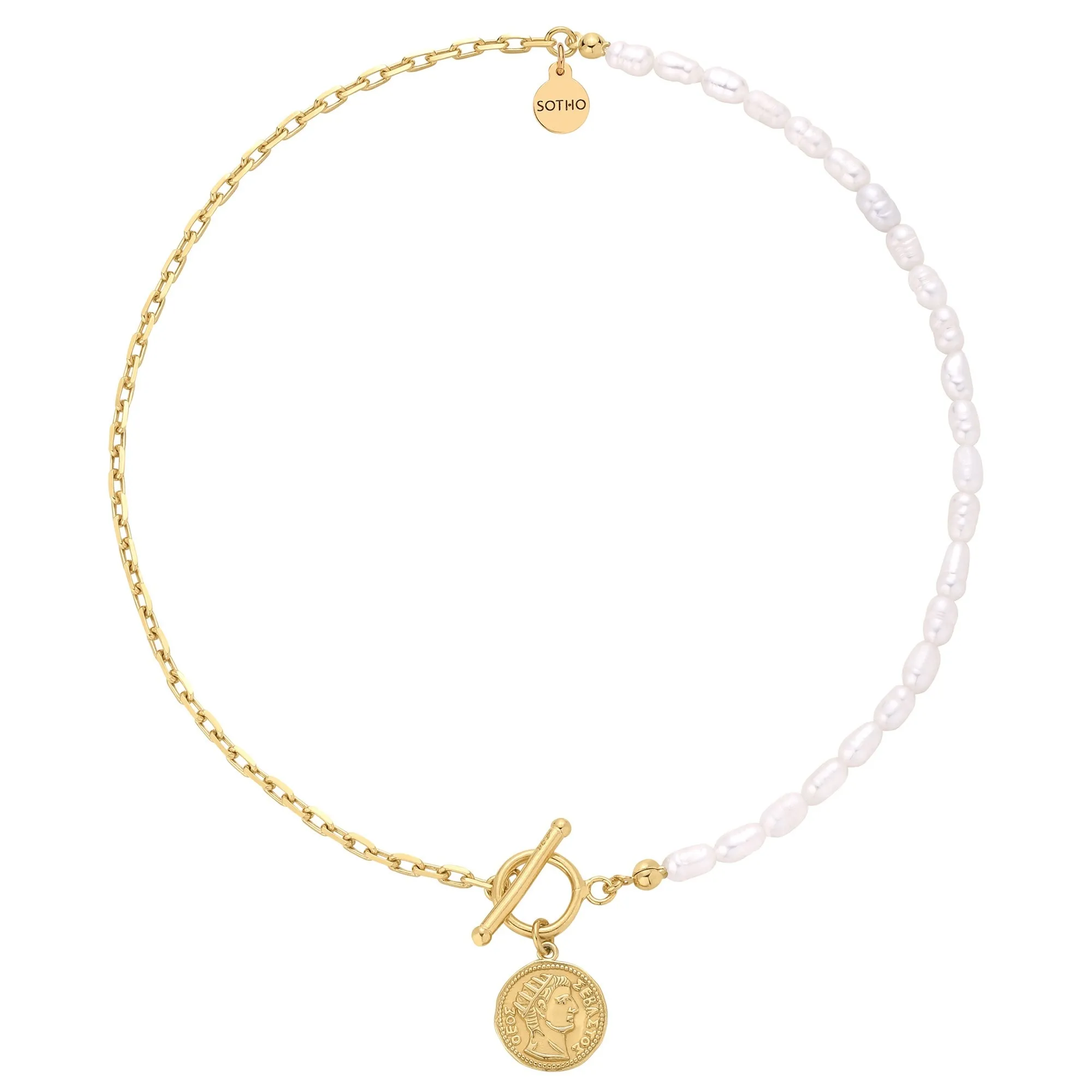 Złoty naszyjnik z naturalnych pereł zdobiony monetą