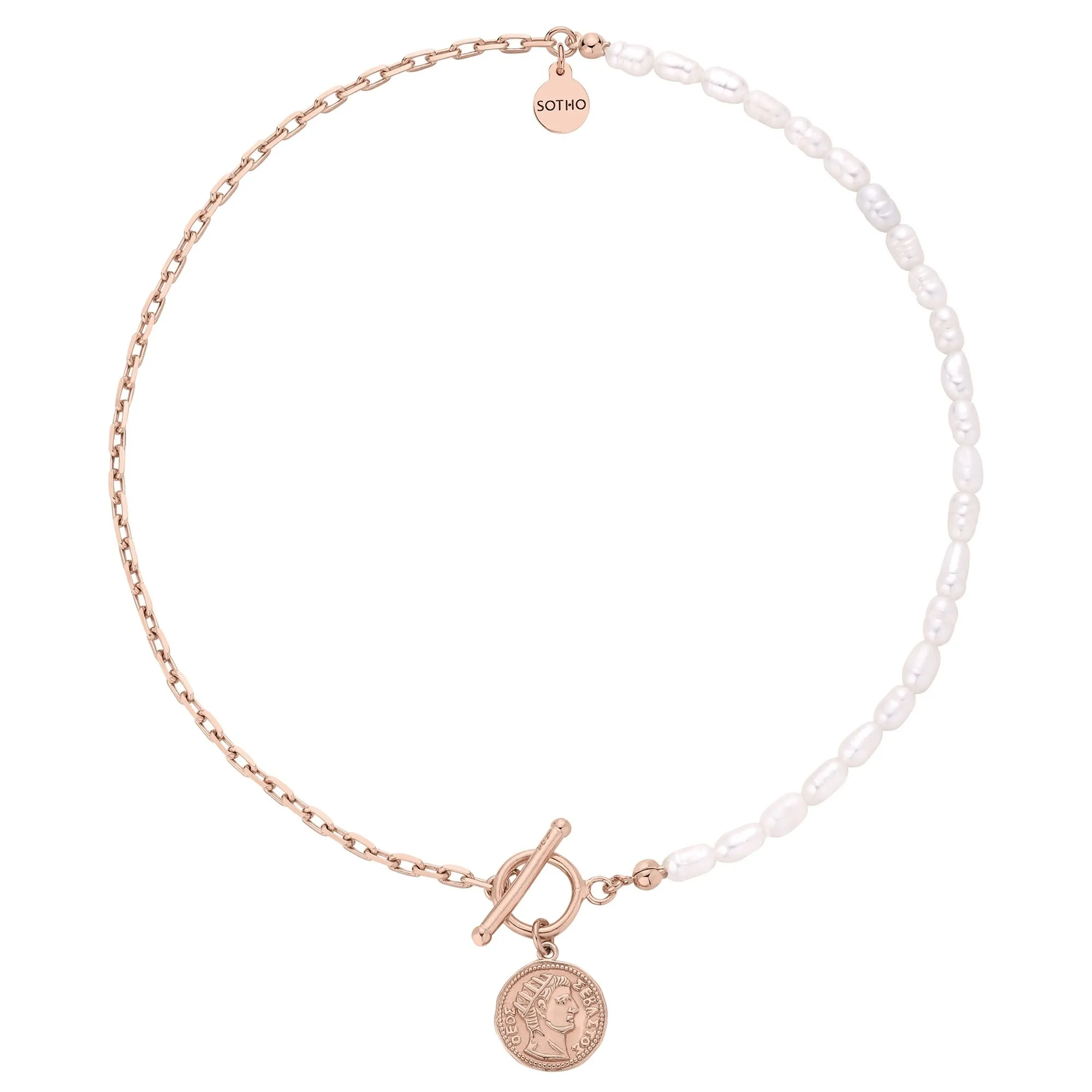 Naszyjnik z naturalnych pereł zdobiony monetą z różowego złota