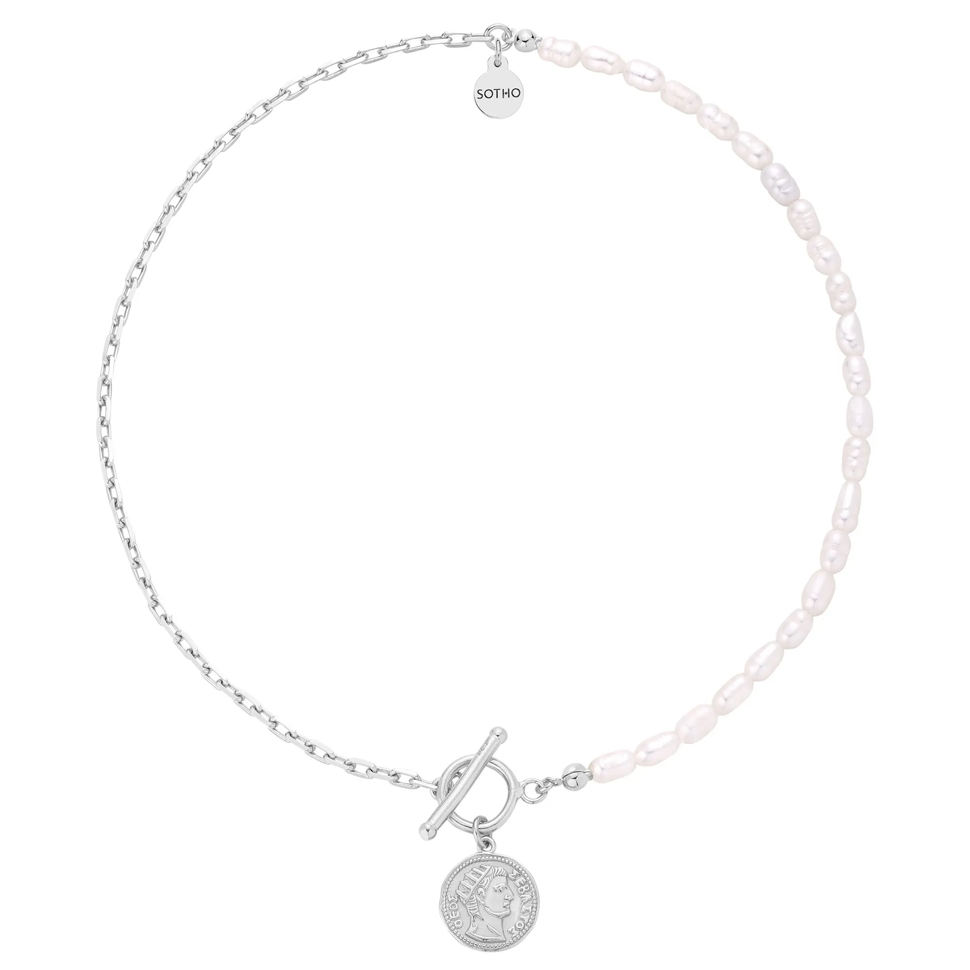 Srebrny naszyjnik z pereł  naturalnych zdobiony  monetą