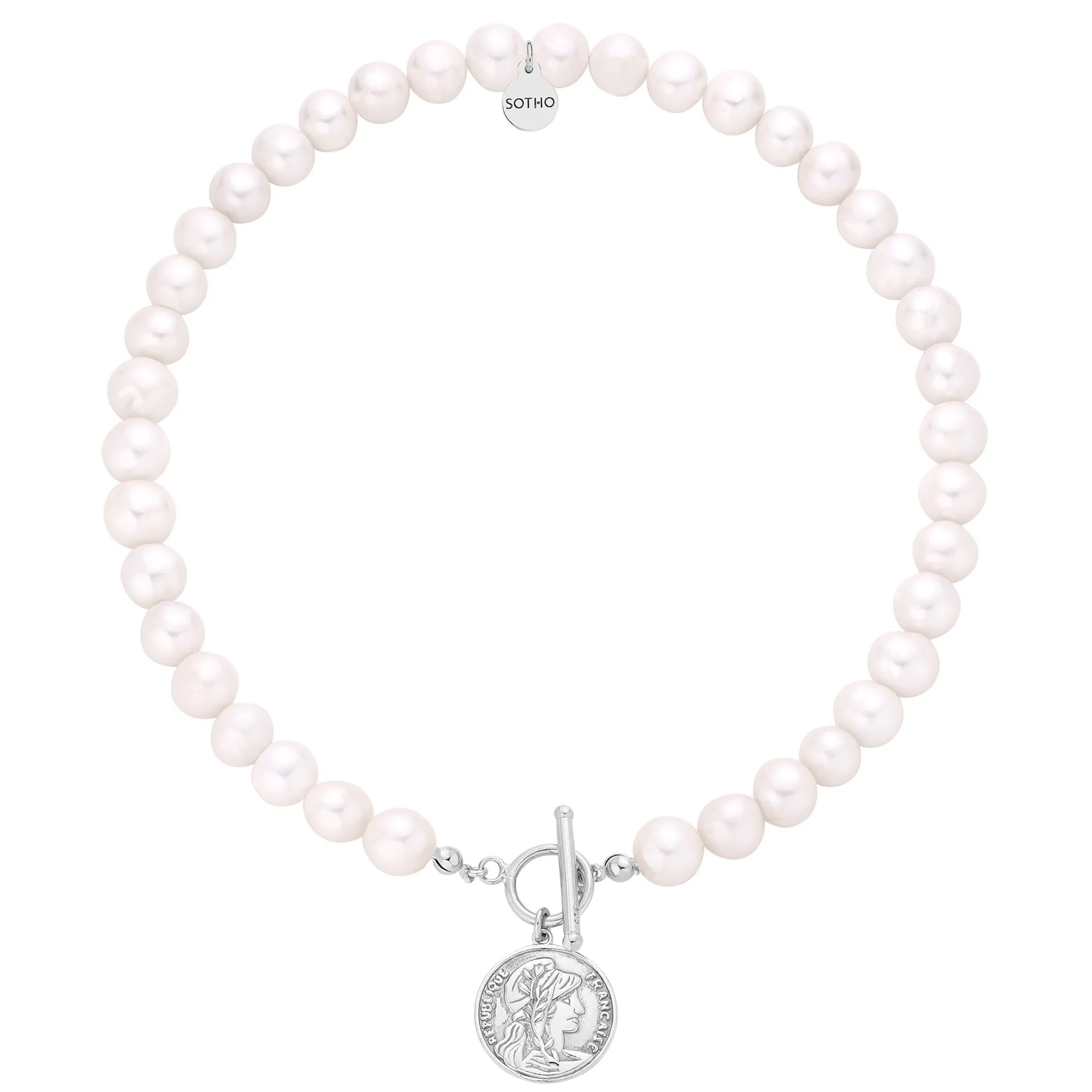 Srebrny naszyjnik z pereł naturalnych z monetą