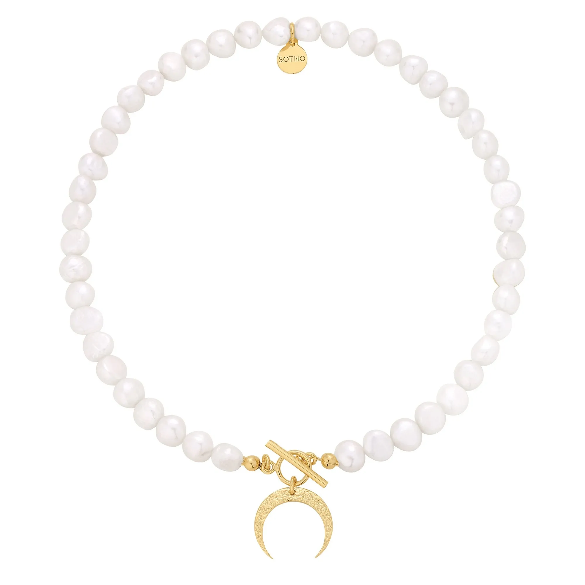 Złoty naszyjnik z naturalnych pereł zdobiony księżycem