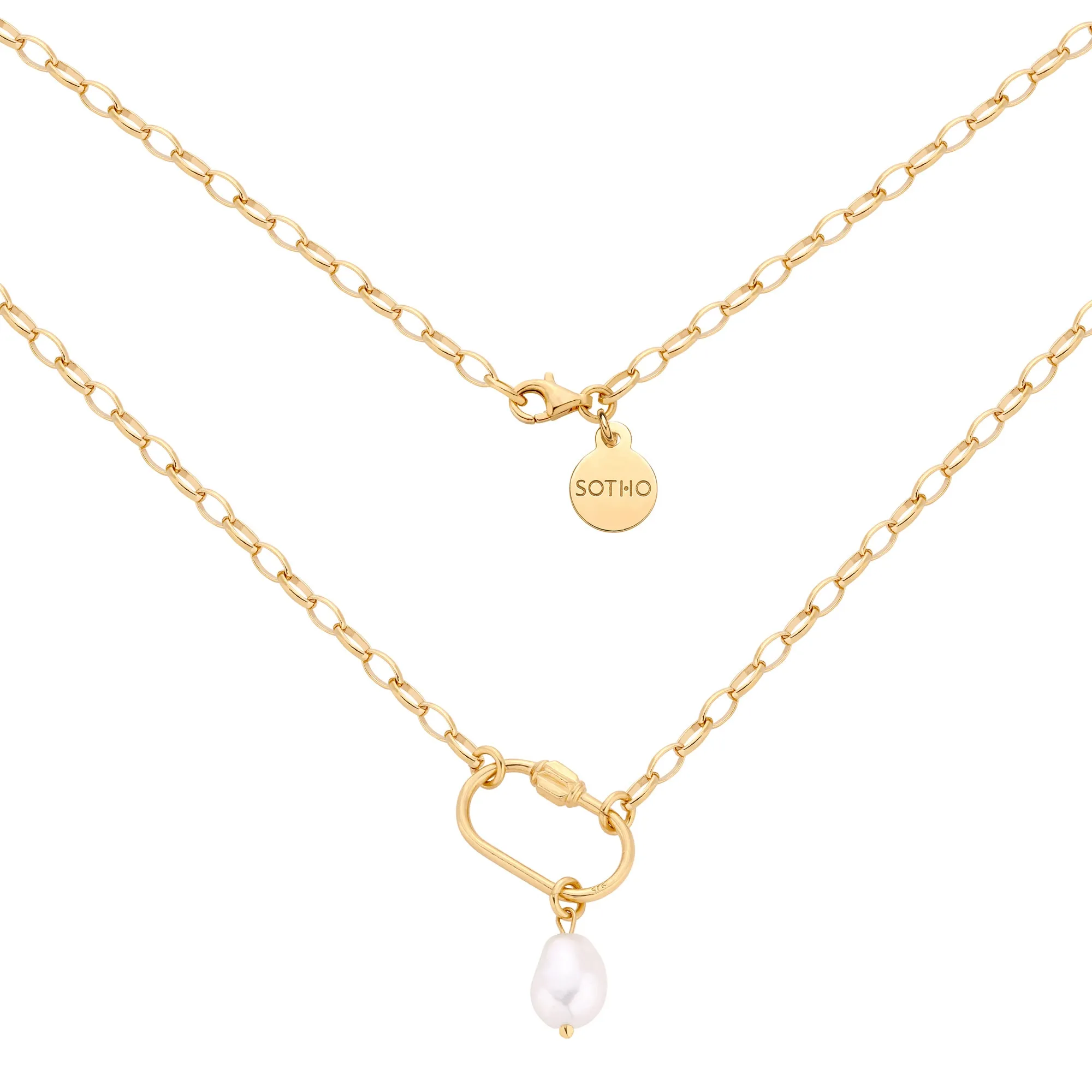 Złoty naszyjnik z ozdobnym zapięciem i naturalną perłą : Długość - 45cm