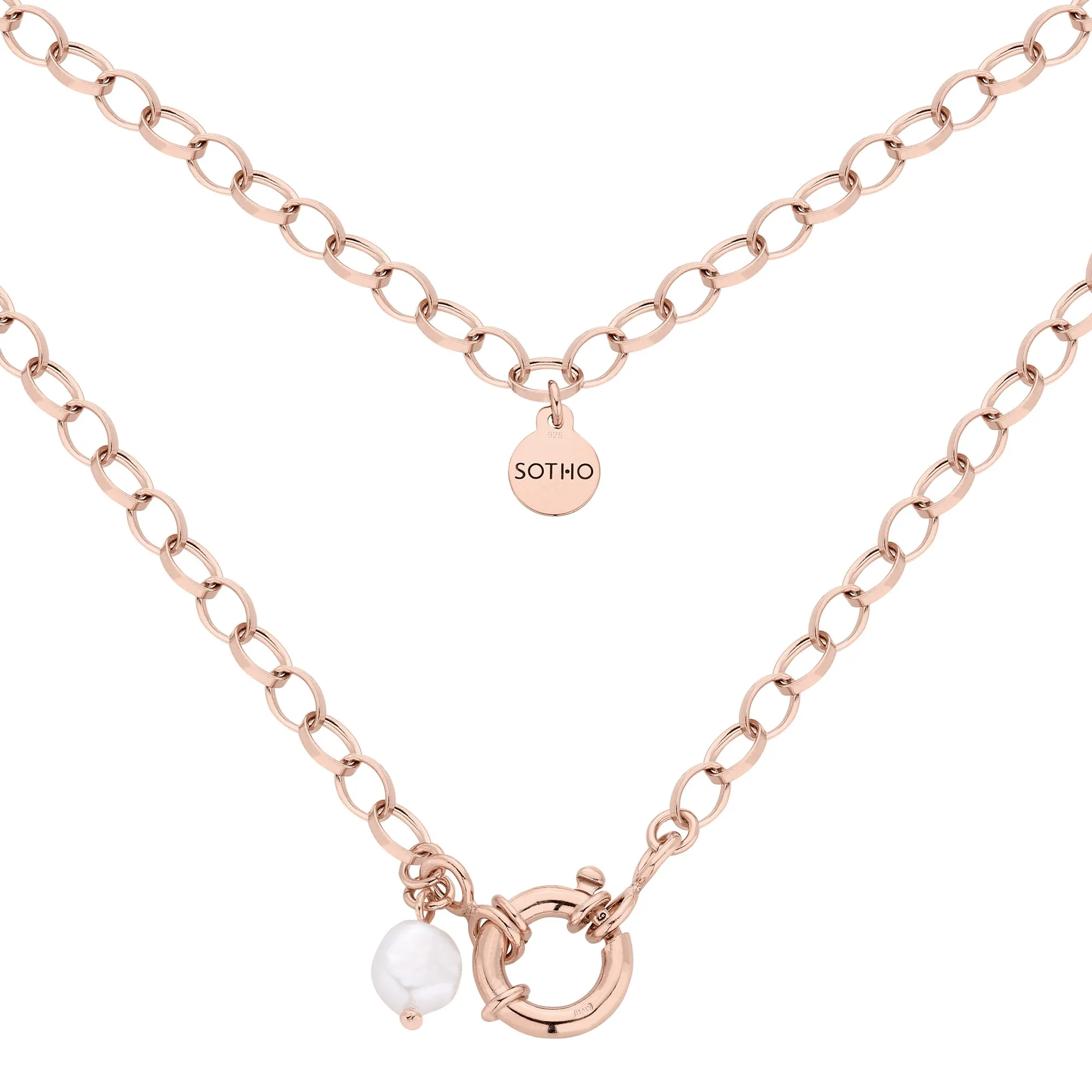 Masywny naszyjnik z ozdobnym zapięciem z różowego złota z naturalną perłą : Długość - 40cm