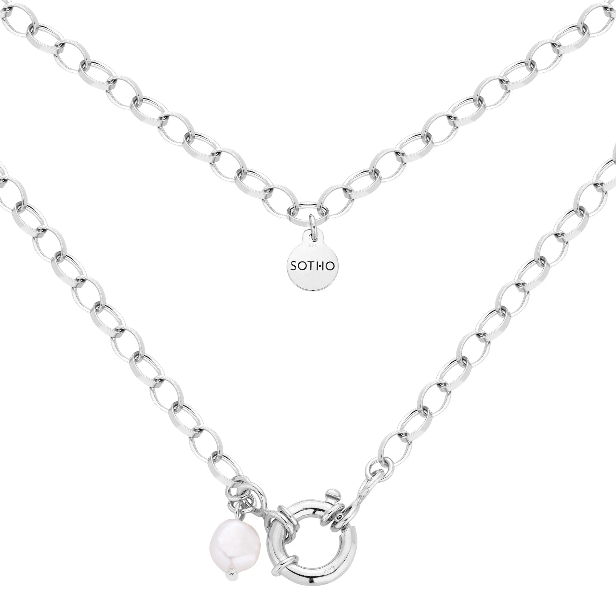 Srebrny masywny naszyjnik z ozdobnym zapięciem z naturalną perłą : Długość - 45 cm