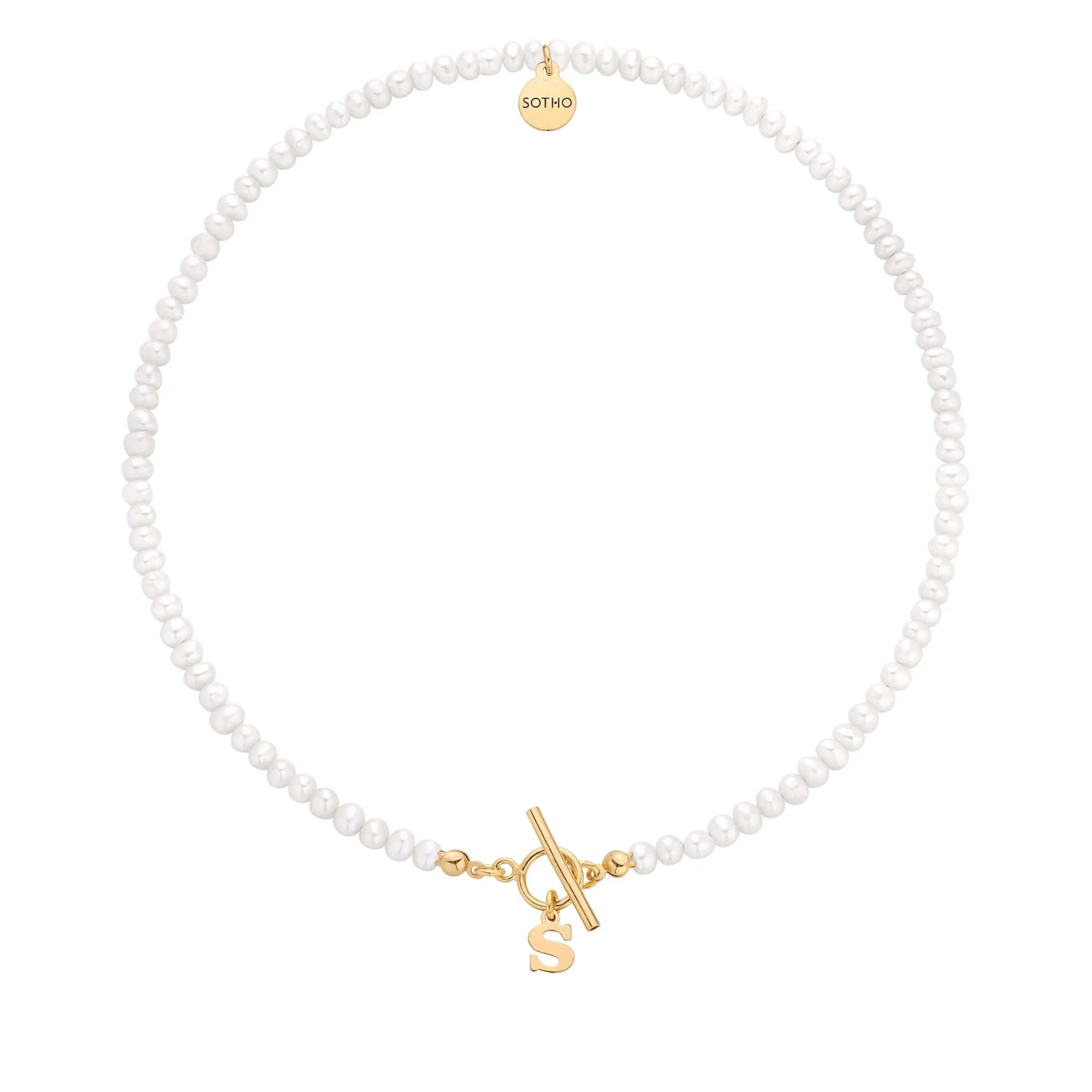 Złoty naszyjnik z pereł naturalnych z literką : Długość - 45cm, LiTERKI - R